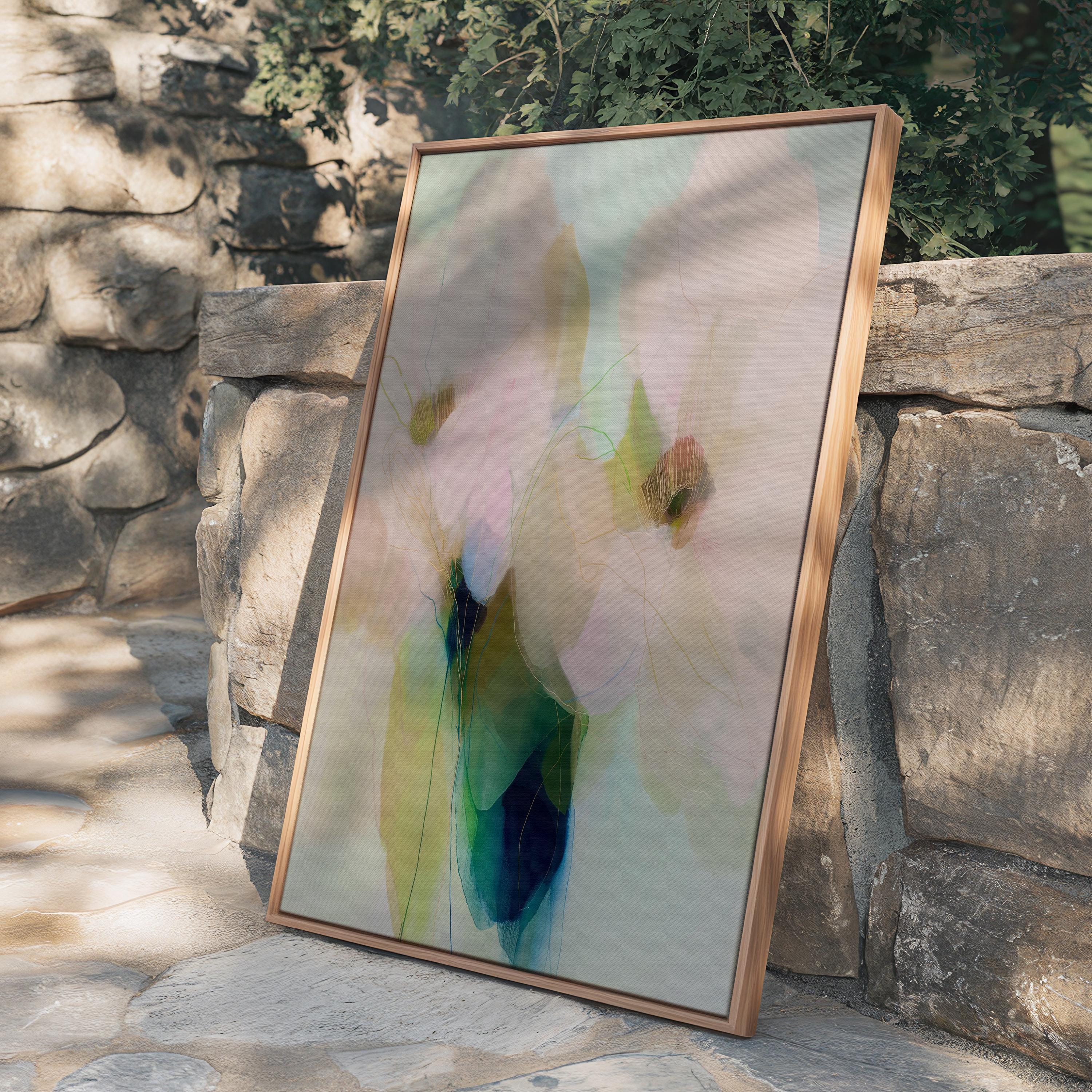 Muse Studio soft botanical framed canvas wall art with pastel blue, blush pink, sage green, and celadon abstract floral forms, printed with museum-grade giclée inks on premium gallery-wrapped artist canvas and custom framed in natural, white, black, antique gold, or antique silver wood float frame options for bedroom, living room, office, and dining room decor.