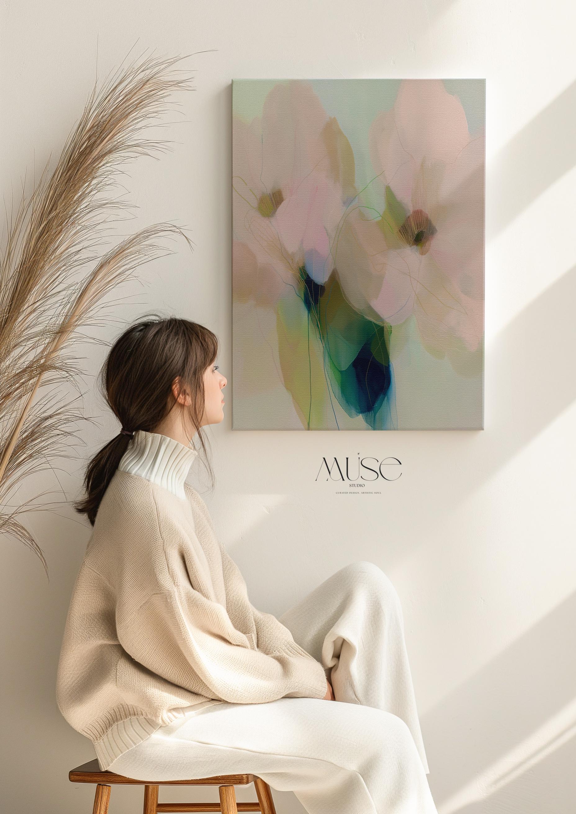 Muse Studio pastel floral canvas wall art featuring soft blue, blush pink, sage green, and celadon botanical abstract flowers printed with museum-grade giclée inks on premium gallery-wrapped artist canvas