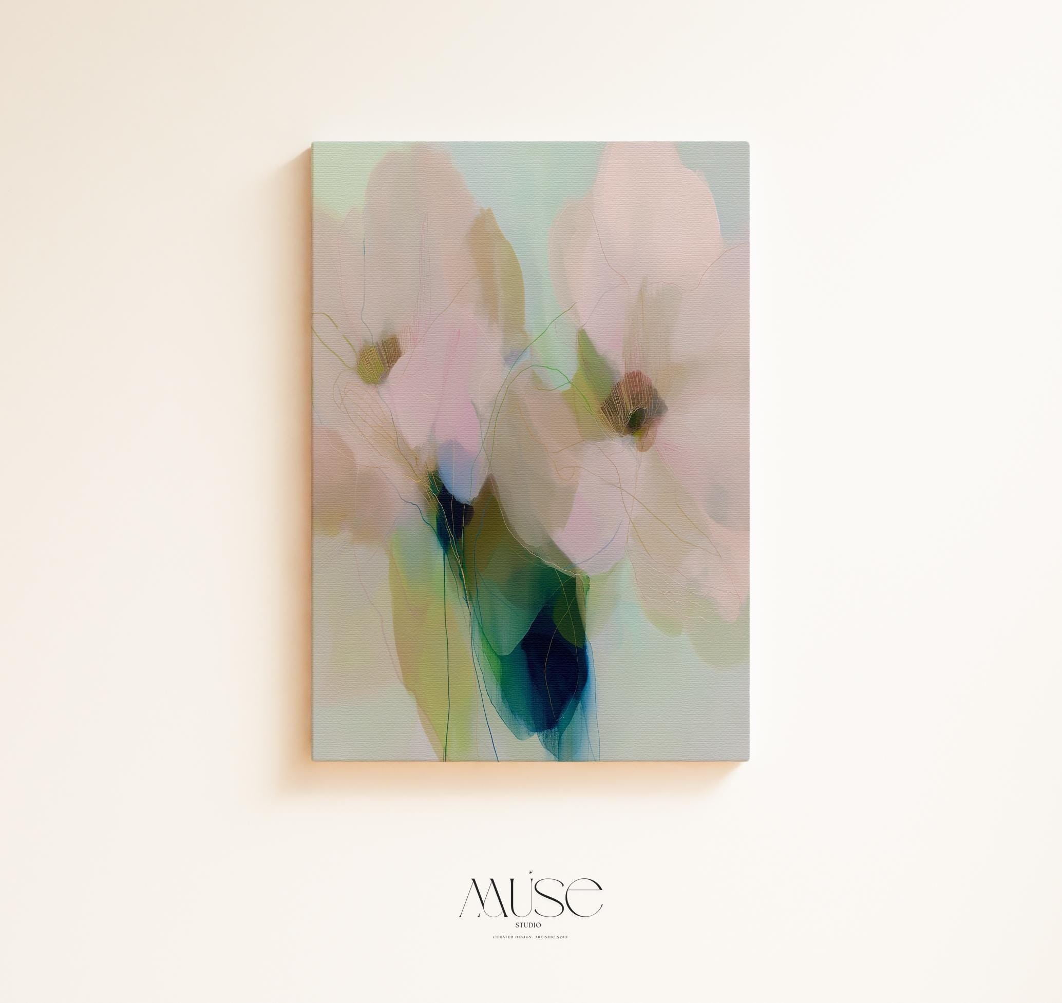 Muse Studio pastel floral canvas wall art featuring soft blue, blush pink, sage green, and celadon botanical abstract flowers printed with museum-grade giclée inks on premium gallery-wrapped artist canvas