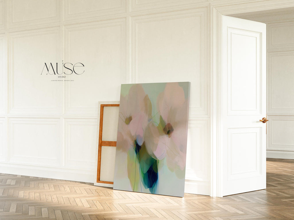 Muse Studio pastel floral canvas wall art featuring soft blue, blush pink, sage green, and celadon botanical abstract flowers printed with museum-grade giclée inks on premium gallery-wrapped artist canvas