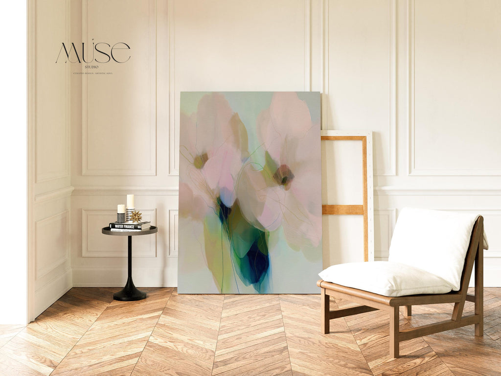 Muse Studio pastel floral canvas wall art featuring soft blue, blush pink, sage green, and celadon botanical abstract flowers printed with museum-grade giclée inks on premium gallery-wrapped artist canvas