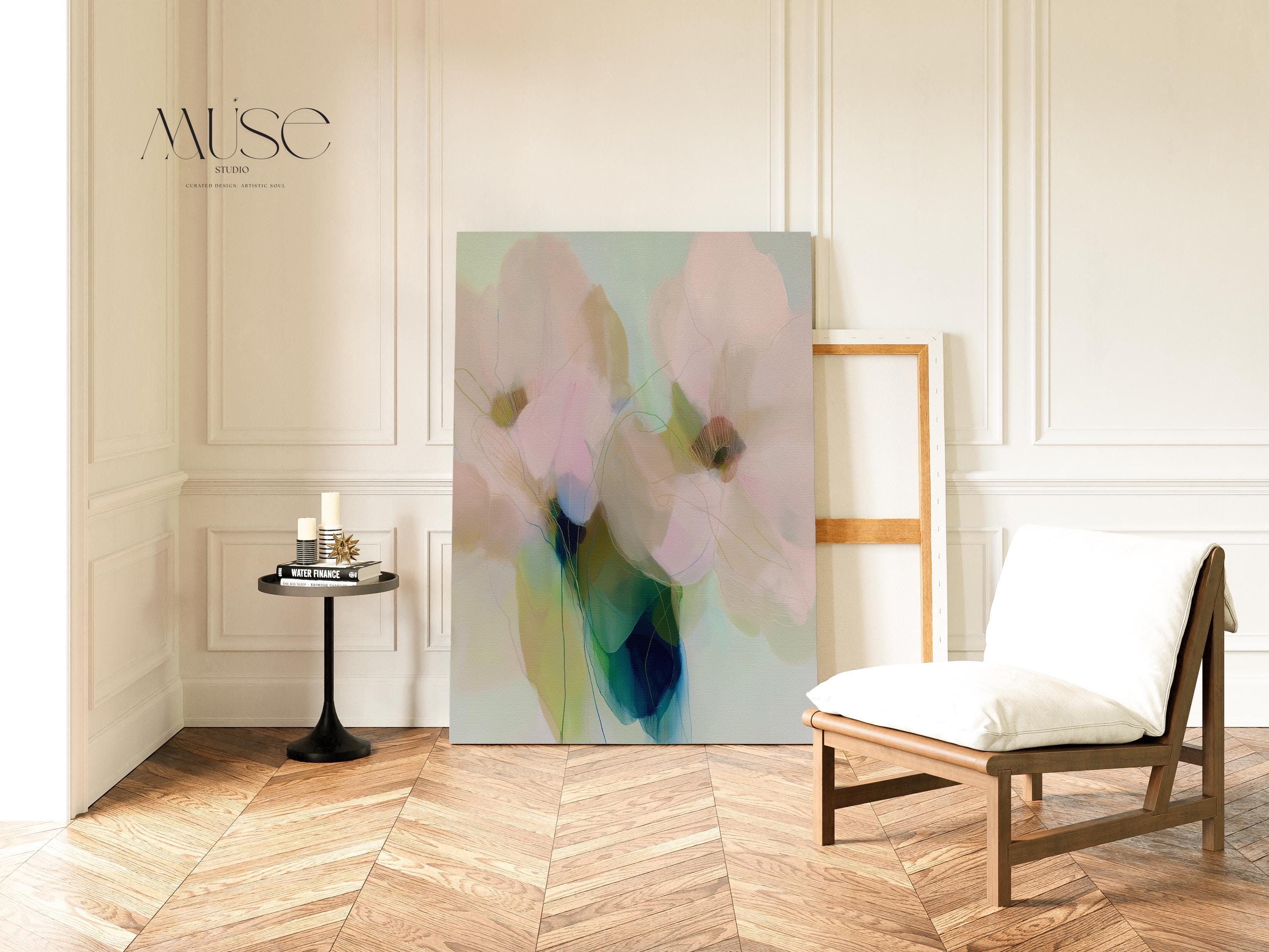 Muse Studio pastel floral canvas wall art featuring soft blue, blush pink, sage green, and celadon botanical abstract flowers printed with museum-grade giclée inks on premium gallery-wrapped artist canvas