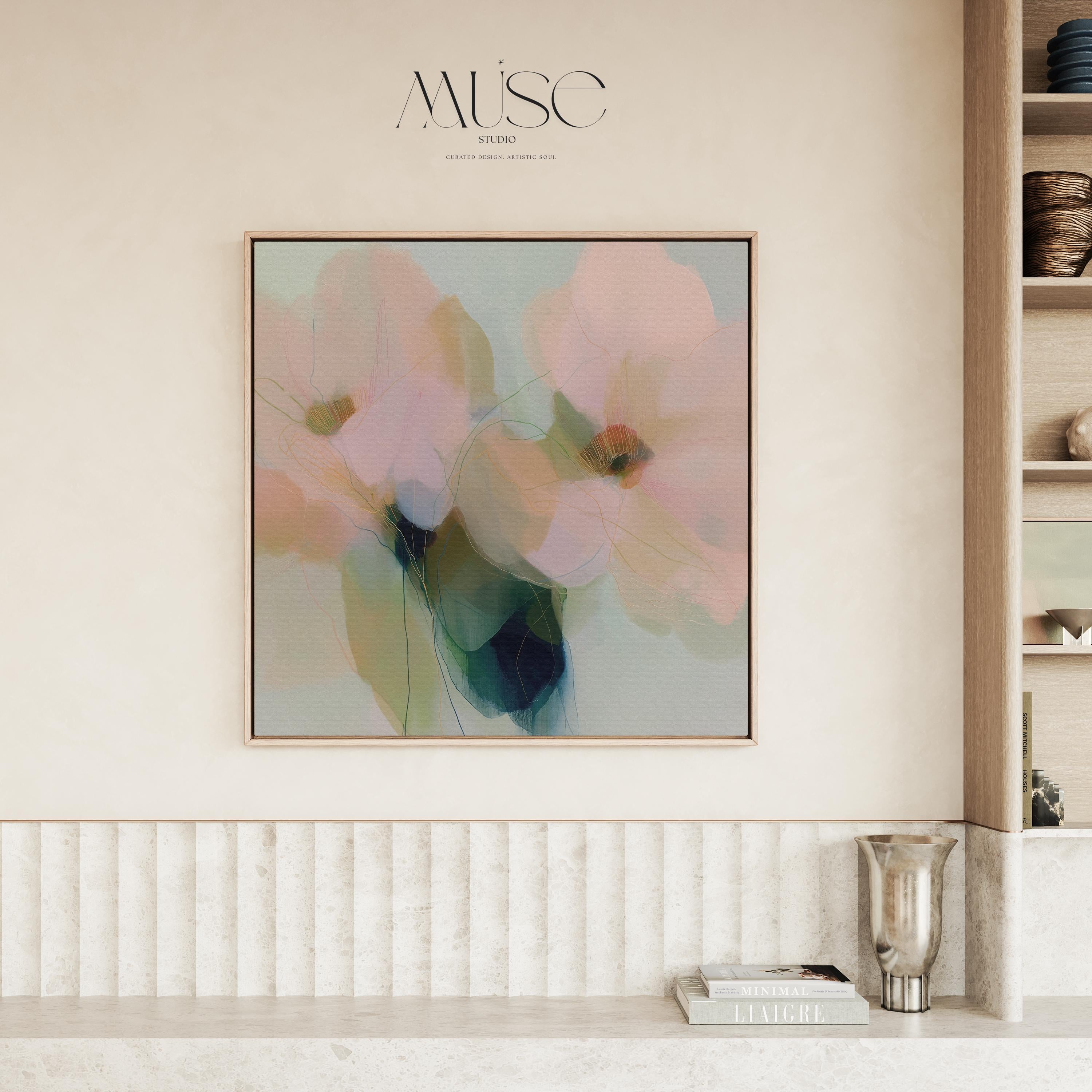Muse Studio farmhouse floral square framed canvas wall art with soft blue, blush pink, sage green, and celadon abstract botanical flowers, printed with museum-grade giclée inks on premium gallery-wrapped artist canvas and custom framed in natural, white, black, antique gold, or antique silver wood float frame options for bedroom, living room, office, dining room, gallery wall, and modern farmhouse decor.