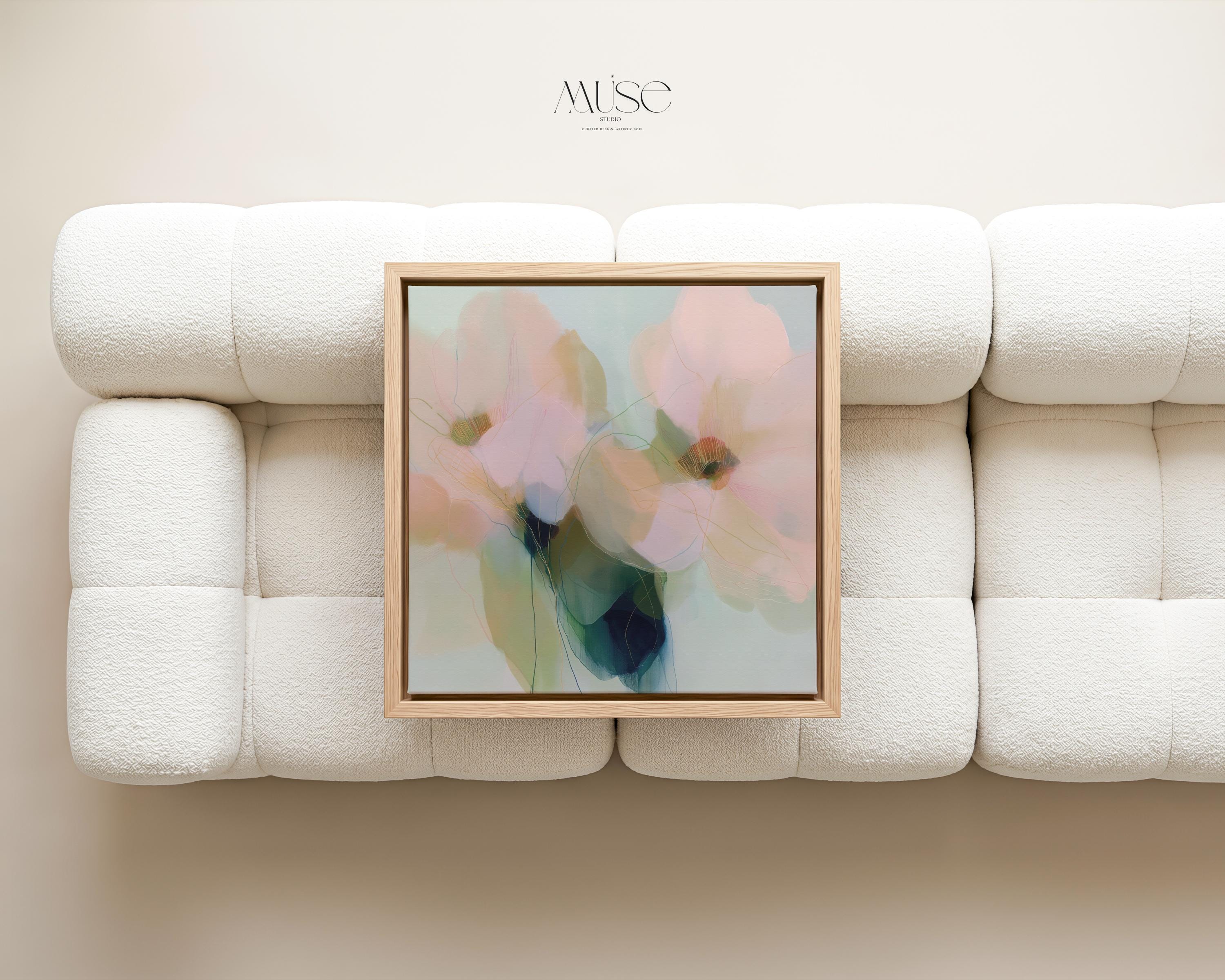 Muse Studio farmhouse floral square framed canvas wall art with soft blue, blush pink, sage green, and celadon abstract botanical flowers, printed with museum-grade giclée inks on premium gallery-wrapped artist canvas and custom framed in natural, white, black, antique gold, or antique silver wood float frame options for bedroom, living room, office, dining room, gallery wall, and modern farmhouse decor.