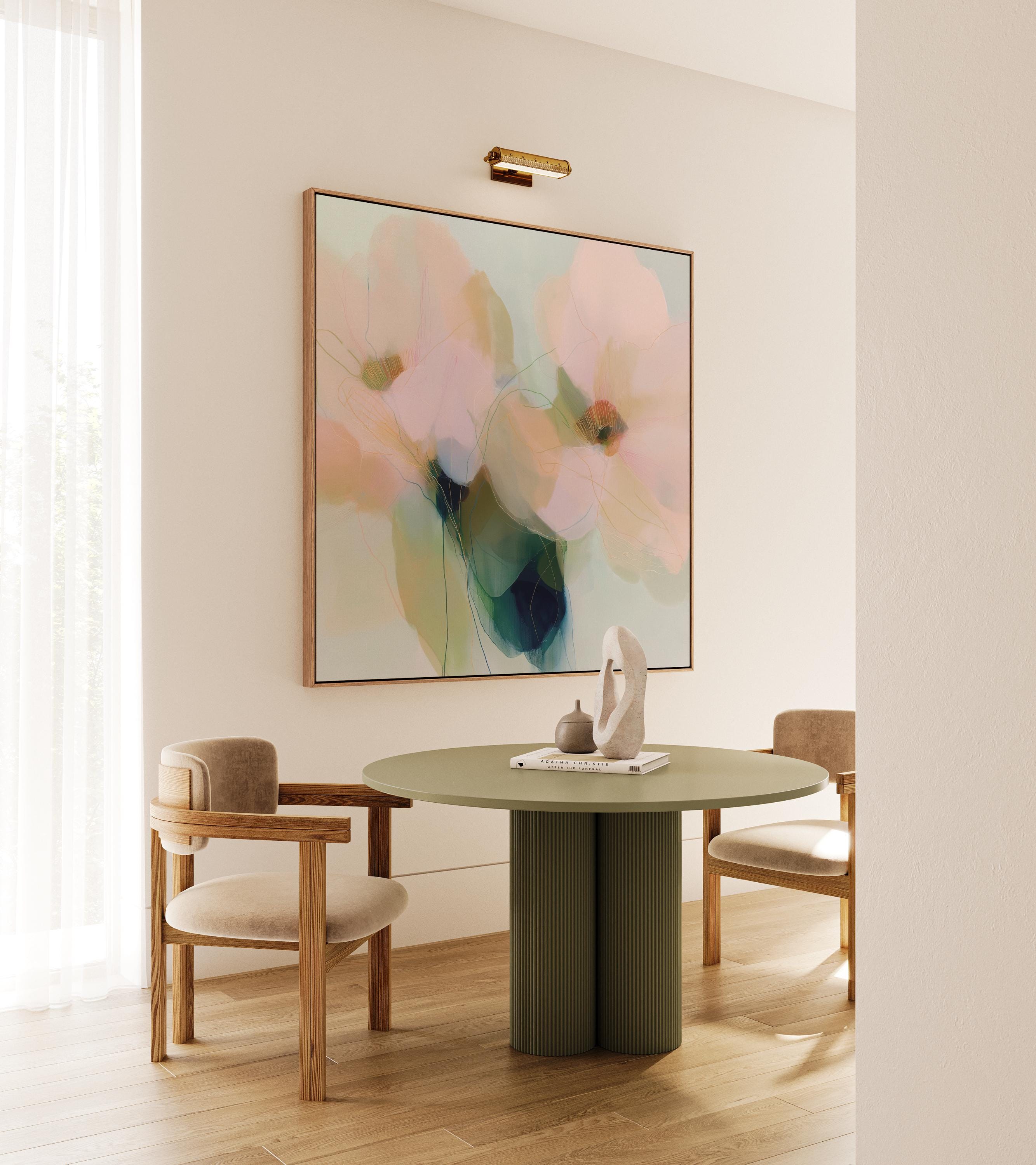 Muse Studio farmhouse floral square framed canvas wall art with soft blue, blush pink, sage green, and celadon abstract botanical flowers, printed with museum-grade giclée inks on premium gallery-wrapped artist canvas and custom framed in natural, white, black, antique gold, or antique silver wood float frame options for bedroom, living room, office, dining room, gallery wall, and modern farmhouse decor.