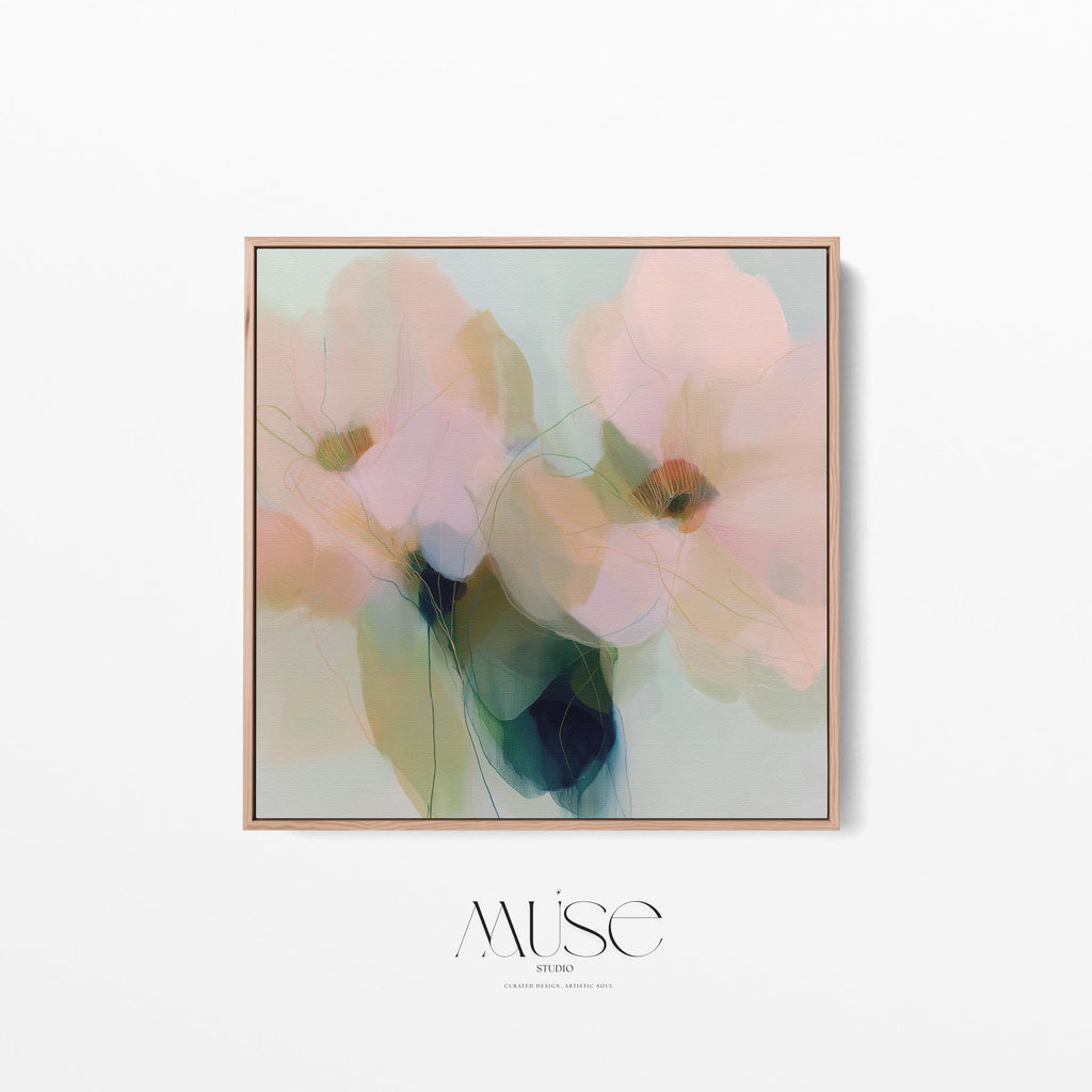 Muse Studio farmhouse floral square framed canvas wall art with soft blue, blush pink, sage green, and celadon abstract botanical flowers, printed with museum-grade giclée inks on premium gallery-wrapped artist canvas and custom framed in natural, white, black, antique gold, or antique silver wood float frame options for bedroom, living room, office, dining room, gallery wall, and modern farmhouse decor.