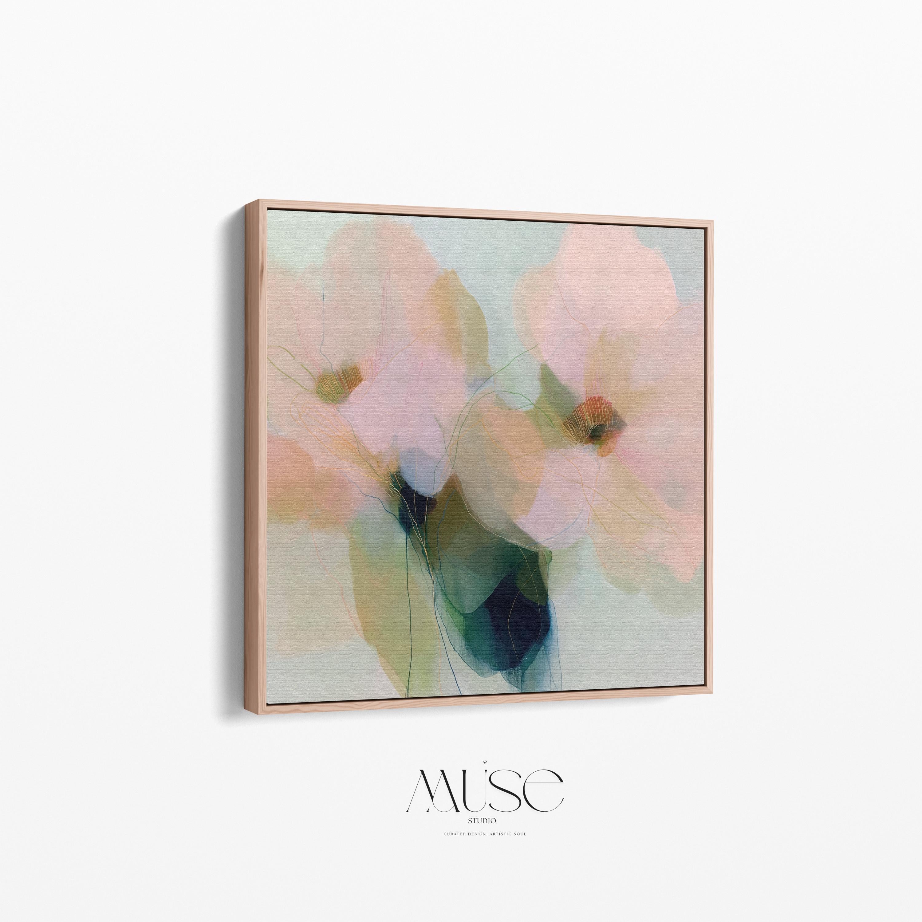 Muse Studio farmhouse floral square framed canvas wall art with soft blue, blush pink, sage green, and celadon abstract botanical flowers, printed with museum-grade giclée inks on premium gallery-wrapped artist canvas and custom framed in natural, white, black, antique gold, or antique silver wood float frame options for bedroom, living room, office, dining room, gallery wall, and modern farmhouse decor.