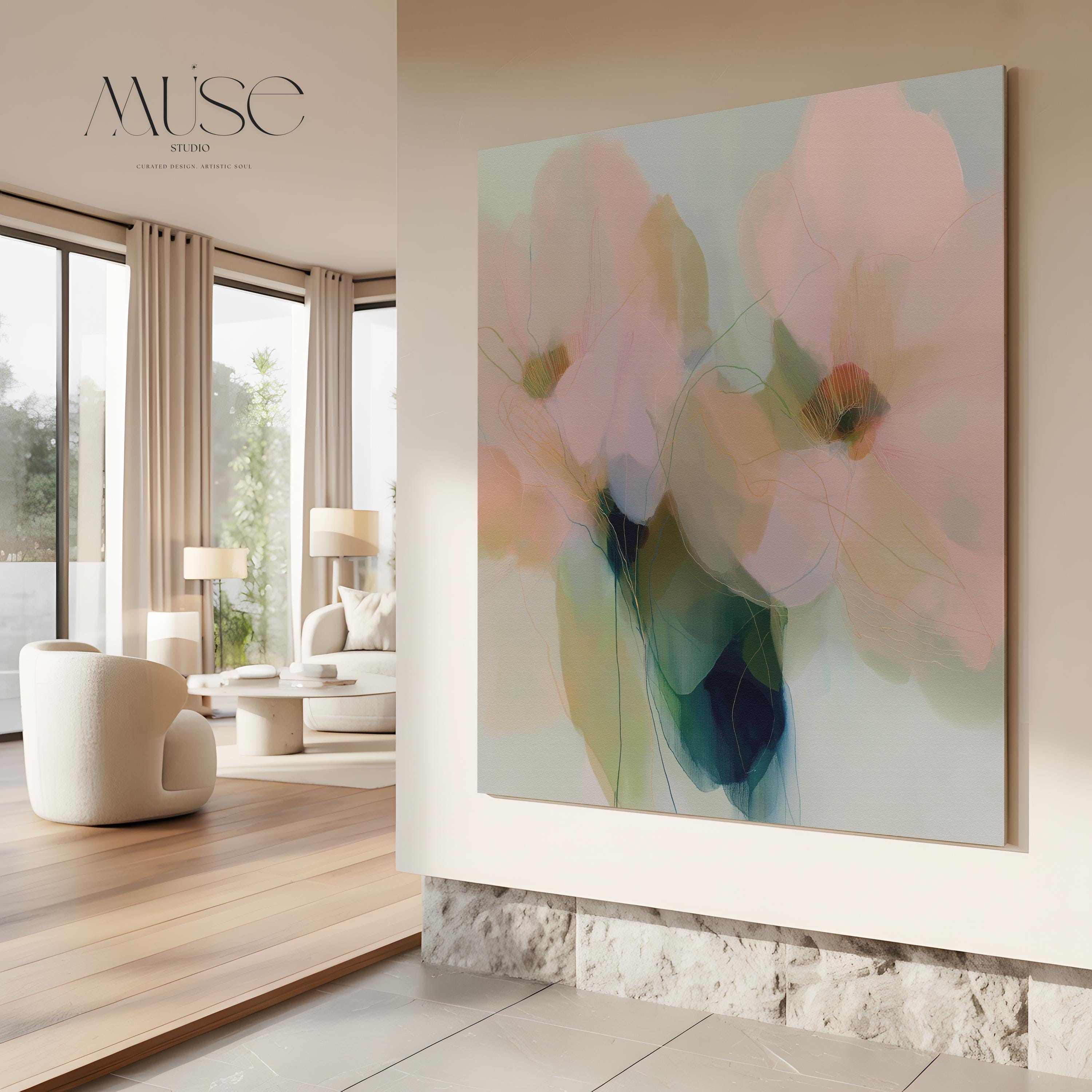 Muse Studio farmhouse floral canvas wall art featuring soft blue, blush pink, sage green, and celadon botanical abstract flowers printed with museum-grade giclée inks on premium gallery-wrapped artist canvas, available as stretched or rolled canvas for bedroom, living room, office, dining room, gallery wall, and modern farmhouse decor.