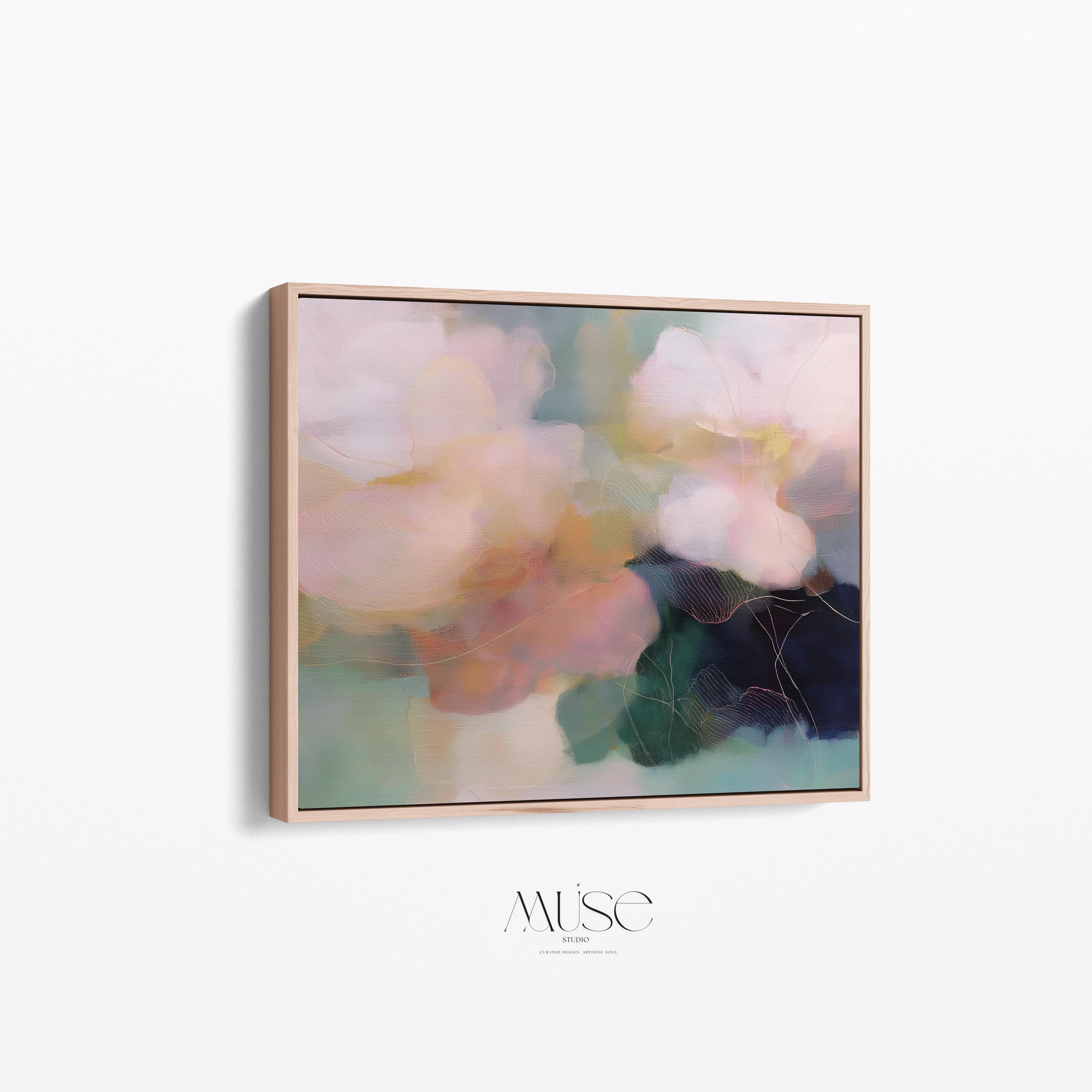 Muse Studio horizontal pastel floral canvas wall art featuring blush pink, sage green, muted teal, and deep navy botanical abstract flowers, printed with museum-grade giclée inks on premium gallery-wrapped artist canvas, available as stretched or rolled canvas for bedroom, living room, dining room, office, console styling, and farmhouse interiors.