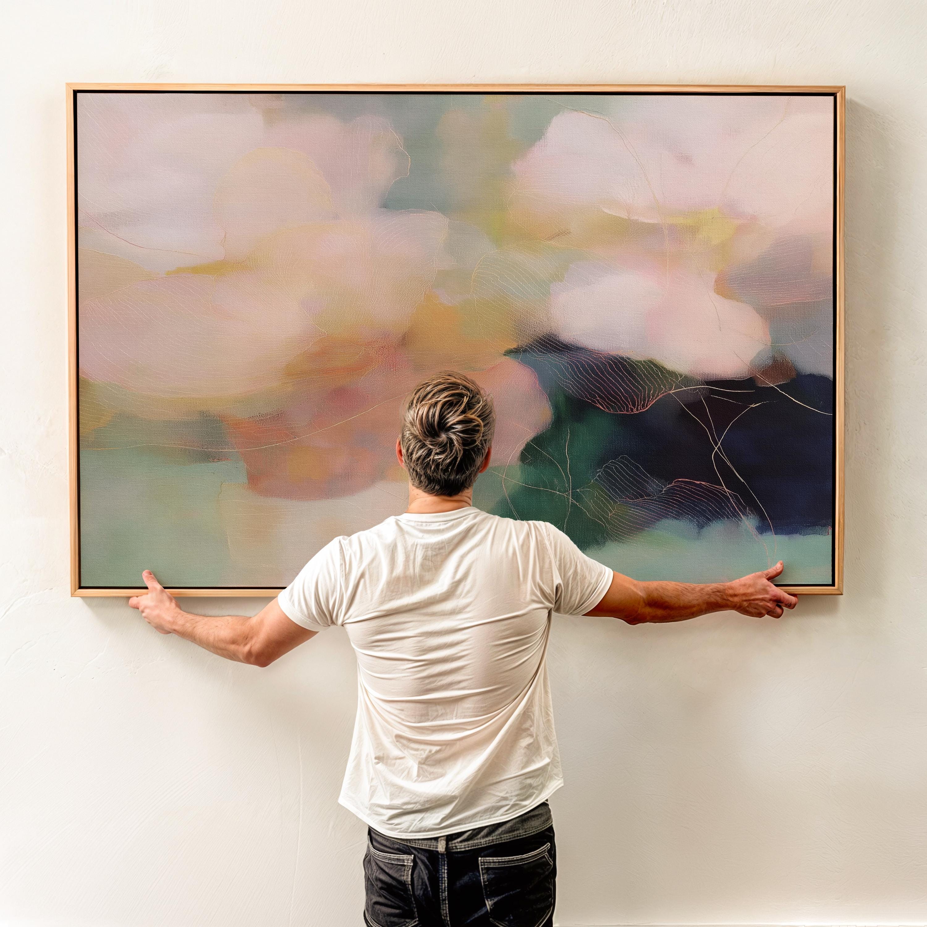 Muse Studio horizontal pastel floral canvas wall art featuring blush pink, sage green, muted teal, and deep navy botanical abstract flowers, printed with museum-grade giclée inks on premium gallery-wrapped artist canvas, available as stretched or rolled canvas for bedroom, living room, dining room, office, console styling, and farmhouse interiors.