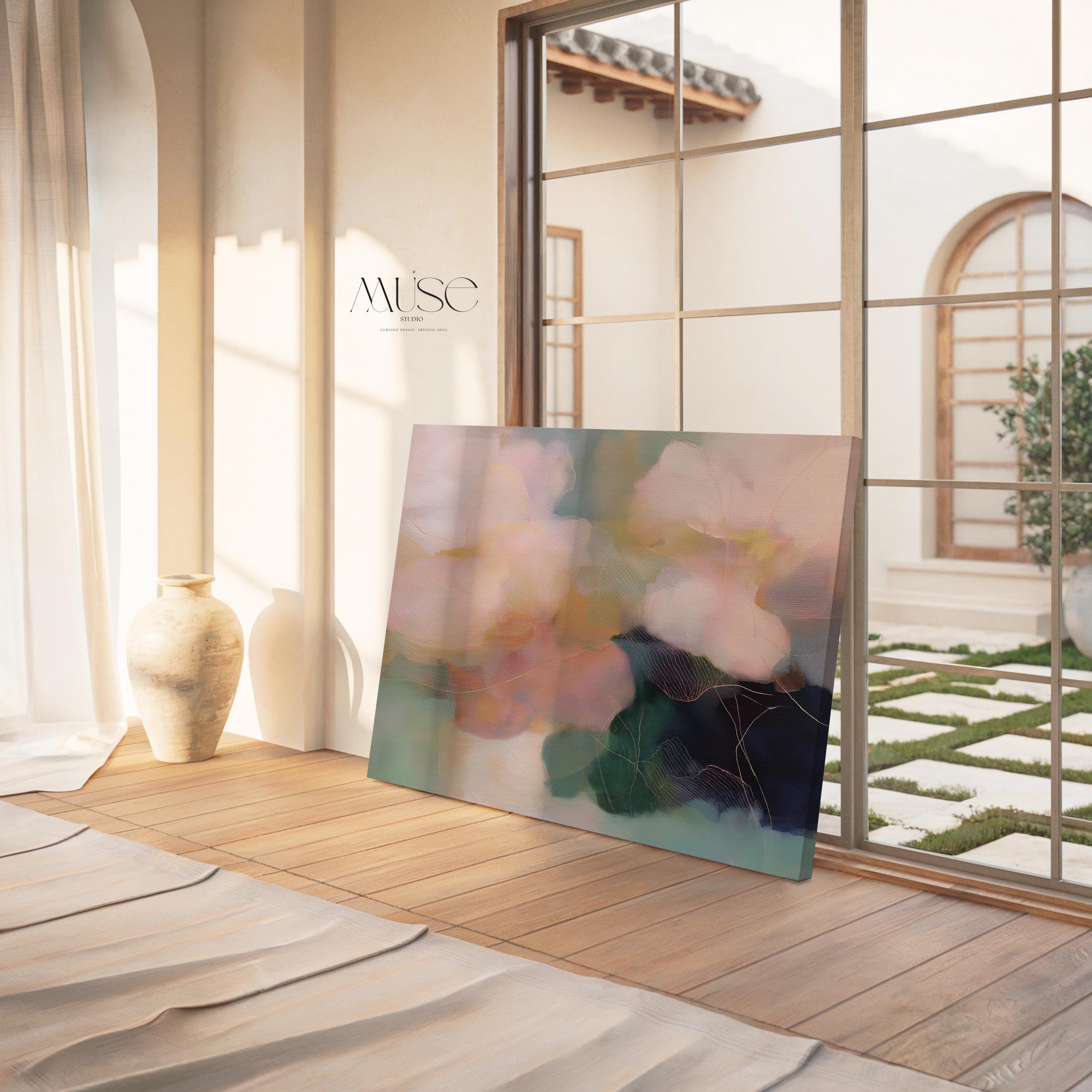 Muse Studio farmhouse floral horizontal framed canvas wall art with blush pink, sage green, muted teal, and deep navy abstract botanical flowers, printed with museum-grade giclée inks on premium gallery-wrapped artist canvas and custom framed in natural, white, black, antique gold, or antique silver wood float frame options for bedroom, living room, dining room, office, and entryway decor.