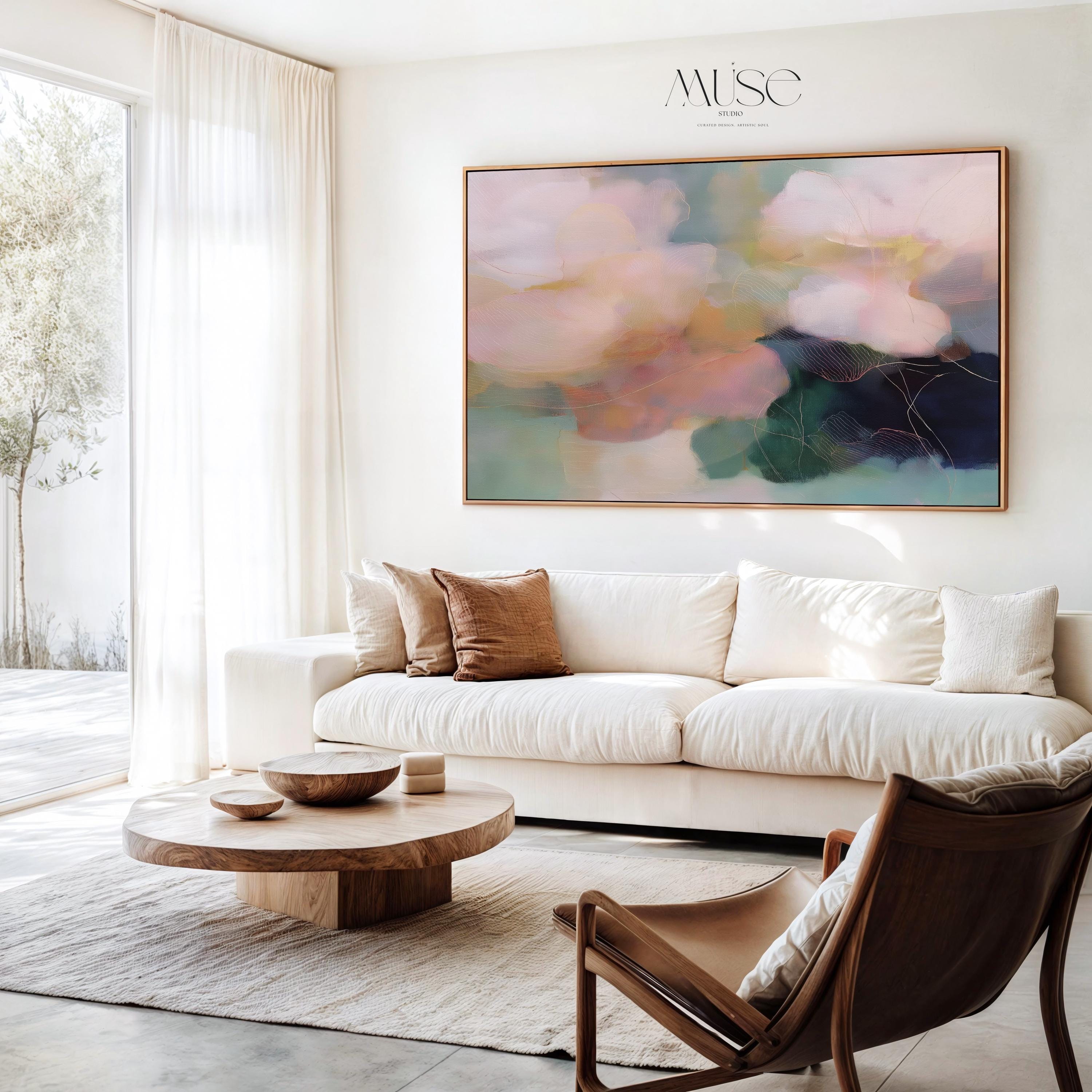 Muse Studio farmhouse floral horizontal framed canvas wall art with blush pink, sage green, muted teal, and deep navy abstract botanical flowers, printed with museum-grade giclée inks on premium gallery-wrapped artist canvas and custom framed in natural, white, black, antique gold, or antique silver wood float frame options for bedroom, living room, dining room, office, and entryway decor.