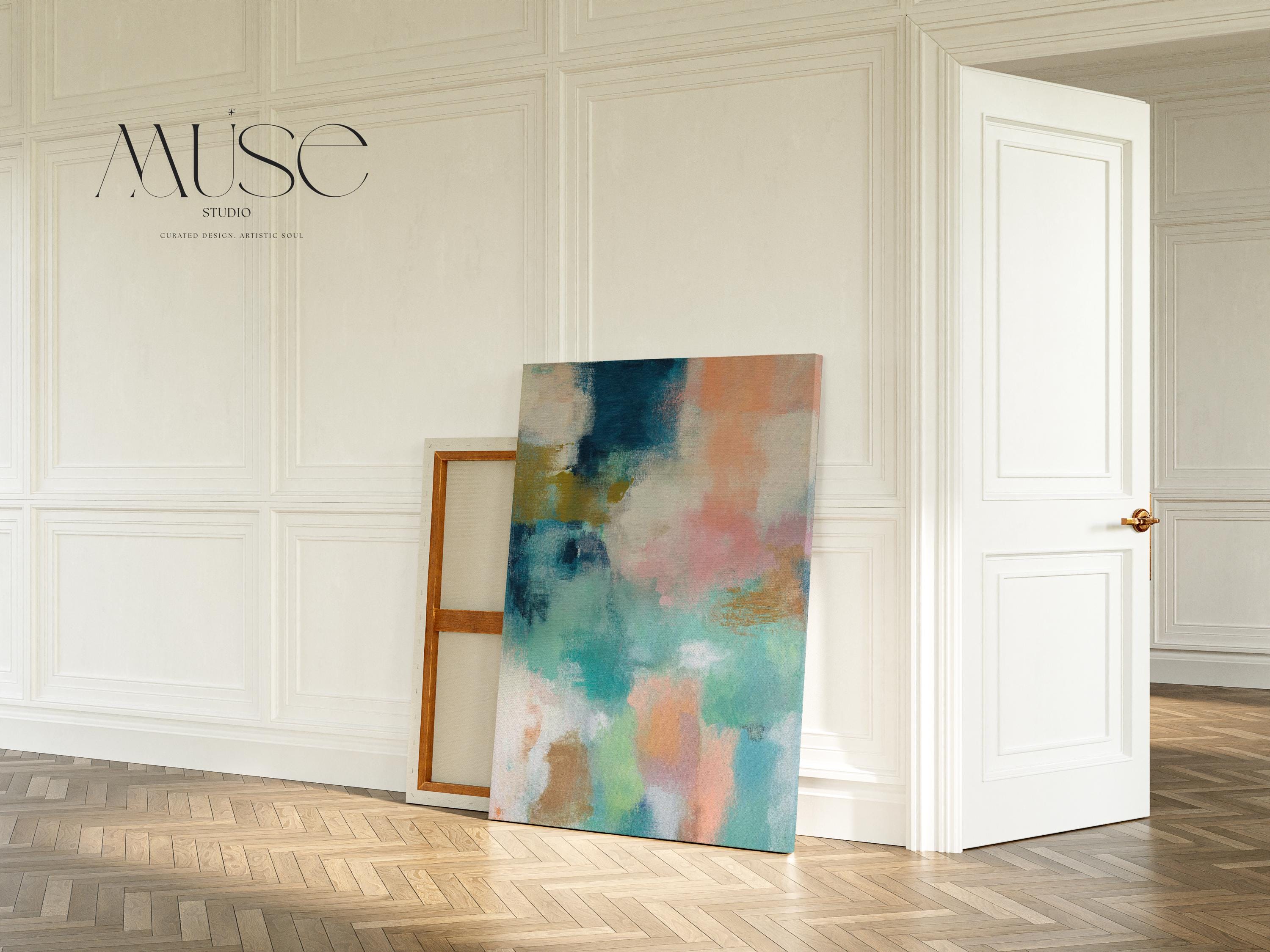 Large vertical abstract canvas wall art in teal, peach, cream, blush, and muted gold tones, designed for above sofa or bedroom placement, offering soft coastal color and calm movement for oversized wall decor.