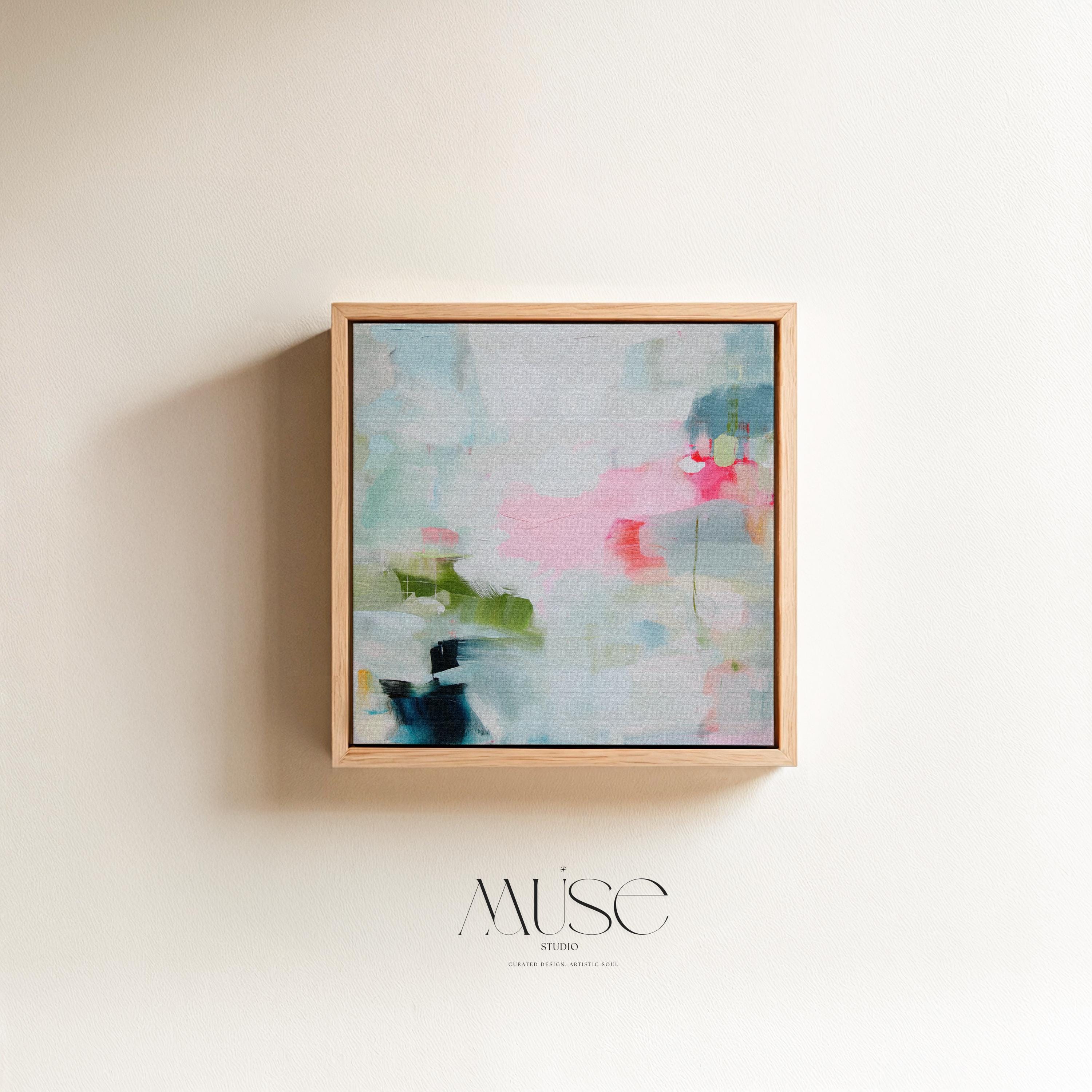 Muse Studio colorful abstract framed canvas wall art featuring soft blue, blush pink, green, coral, white, and navy painterly layers. Museum-grade giclée print on premium gallery-wrapped canvas with custom wood float frame options in natural, white, black, antique gold, and antique silver for modern coastal living room decor.