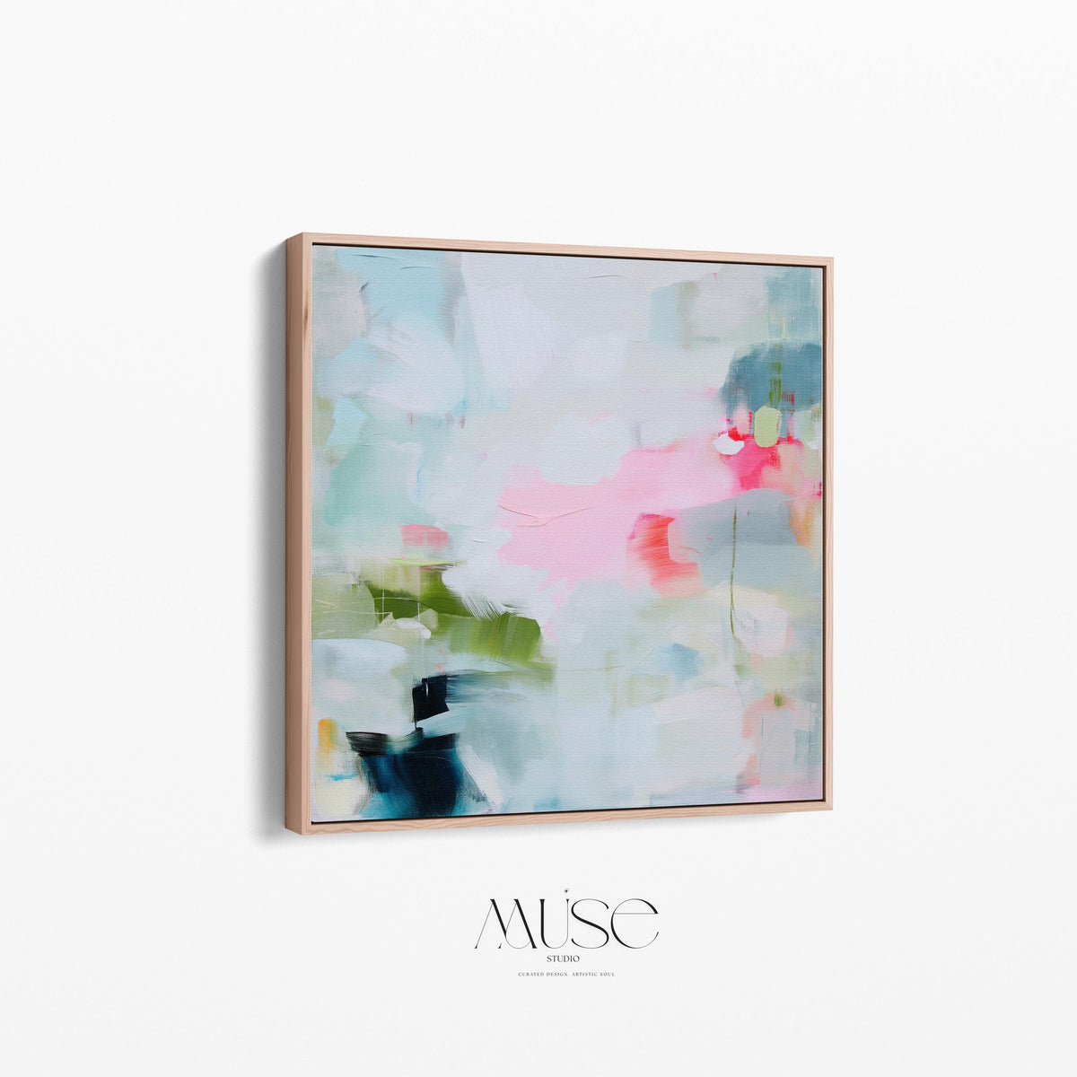 Muse Studio colorful abstract framed canvas wall art featuring soft blue, blush pink, green, coral, white, and navy painterly layers. Museum-grade giclée print on premium gallery-wrapped canvas with custom wood float frame options in natural, white, black, antique gold, and antique silver for modern coastal living room decor.