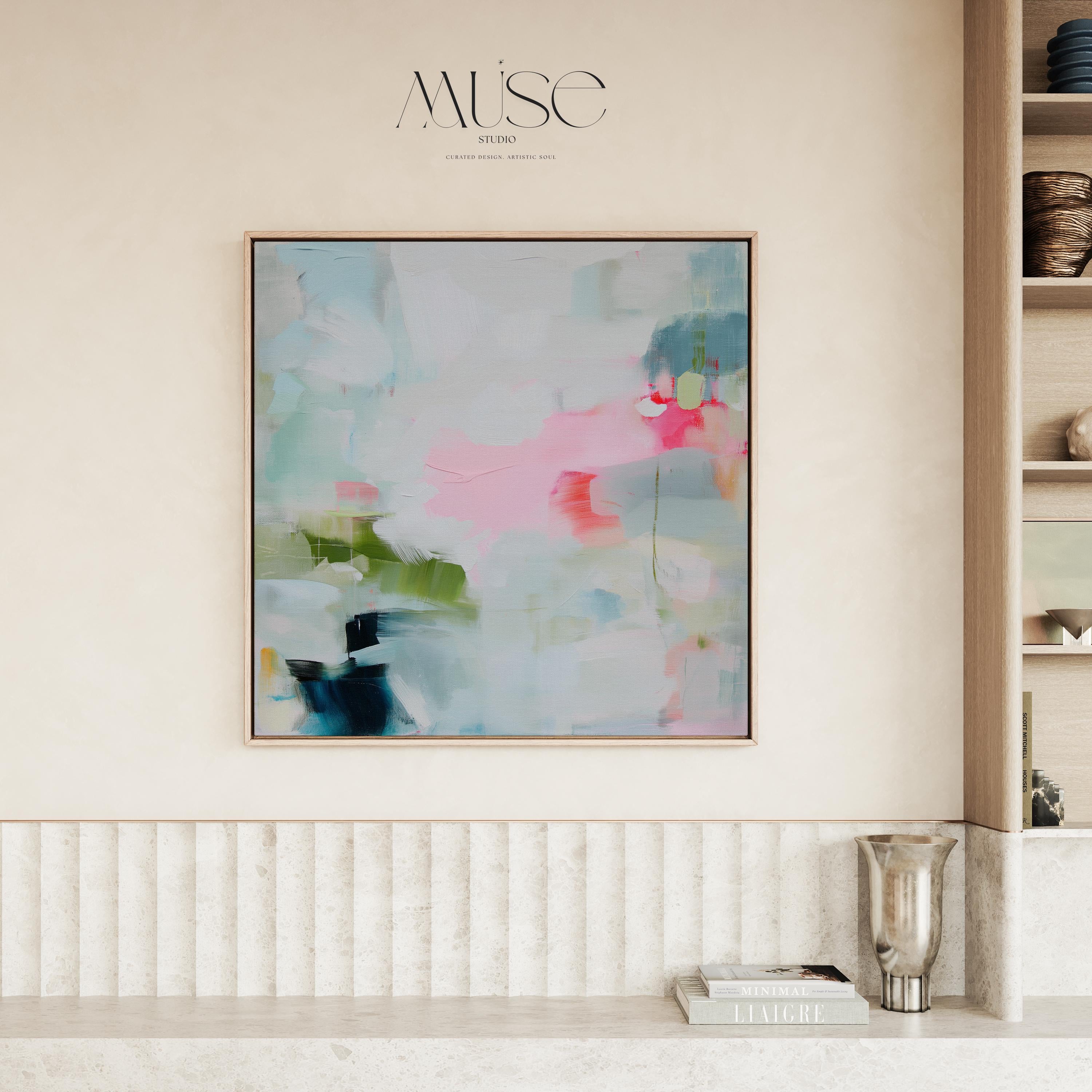 Muse Studio colorful abstract framed canvas wall art featuring soft blue, blush pink, green, coral, white, and navy painterly layers. Museum-grade giclée print on premium gallery-wrapped canvas with custom wood float frame options in natural, white, black, antique gold, and antique silver for modern coastal living room decor.