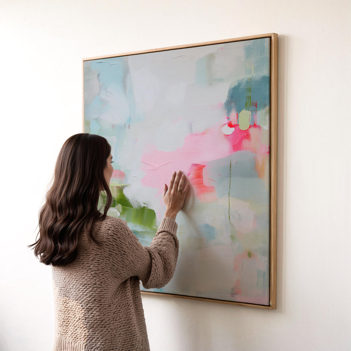 Muse Studio colorful abstract framed canvas wall art featuring soft blue, blush pink, green, coral, white, and navy painterly layers. Museum-grade giclée print on premium gallery-wrapped canvas with custom wood float frame options in natural, white, black, antique gold, and antique silver for modern coastal living room decor.