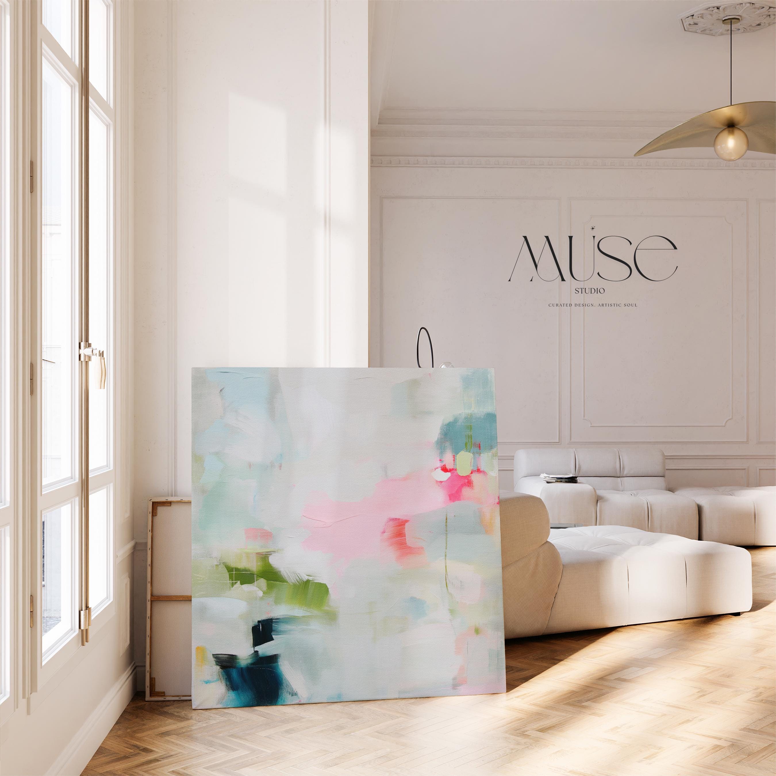 Muse Studio colorful abstract canvas wall art print featuring soft blue, blush pink, green, white, coral, and navy painterly brushstrokes. Premium gallery-wrapped canvas with museum-grade giclée inks, available as stretched canvas or rolled canvas for modern, coastal, eclectic, and colorful living room or bedroom decor.