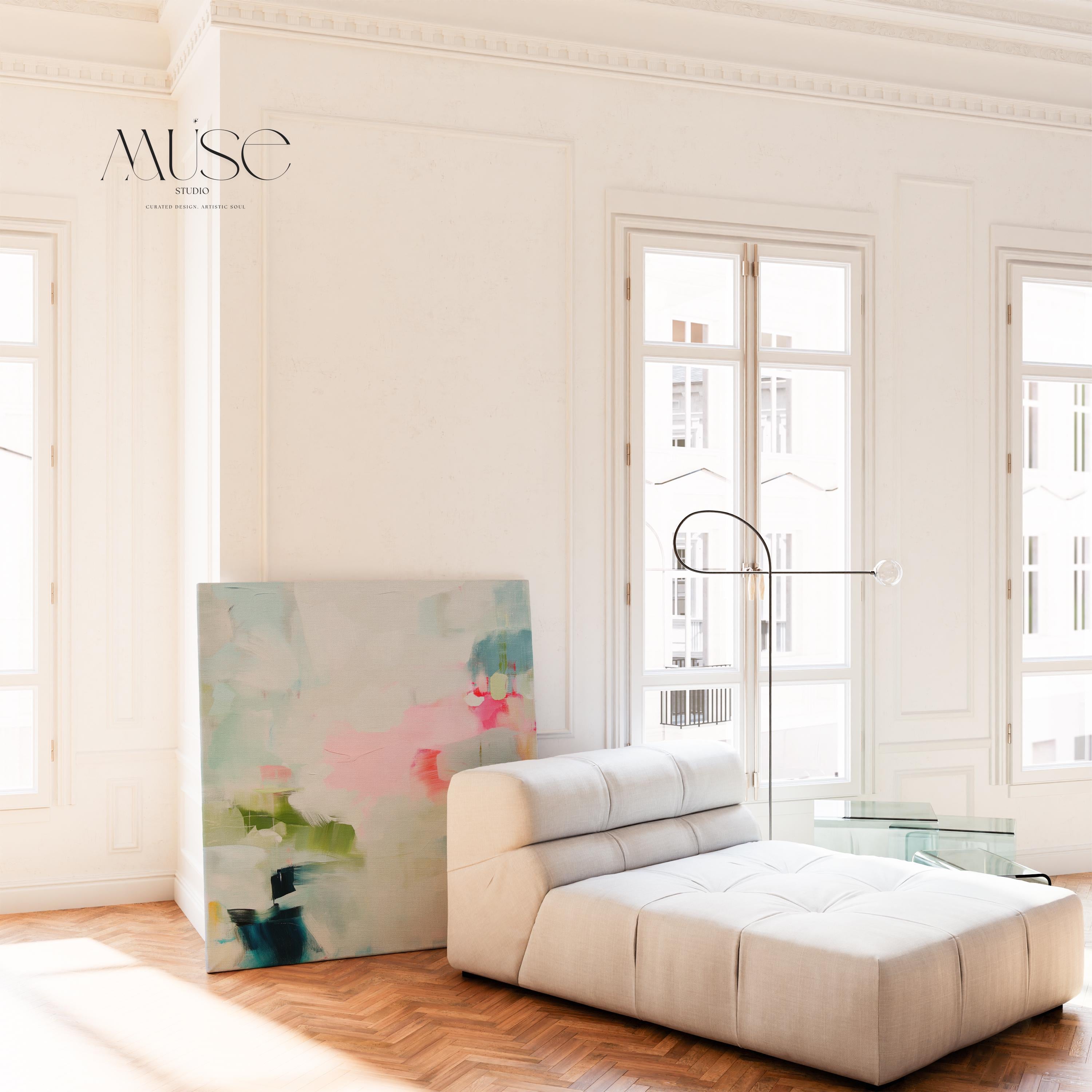 Muse Studio colorful abstract canvas wall art print featuring soft blue, blush pink, green, white, coral, and navy painterly brushstrokes. Premium gallery-wrapped canvas with museum-grade giclée inks, available as stretched canvas or rolled canvas for modern, coastal, eclectic, and colorful living room or bedroom decor.