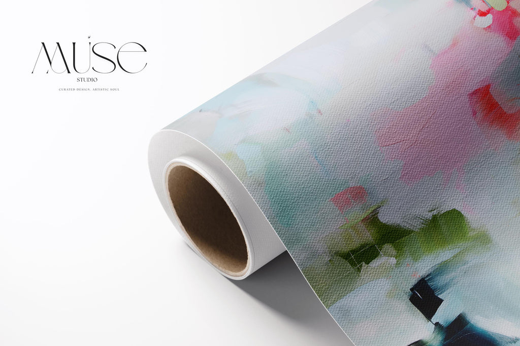 Muse Studio colorful abstract canvas wall art print featuring soft blue, blush pink, green, white, coral, and navy painterly brushstrokes. Premium gallery-wrapped canvas with museum-grade giclée inks, available as stretched canvas or rolled canvas for modern, coastal, eclectic, and colorful living room or bedroom decor.