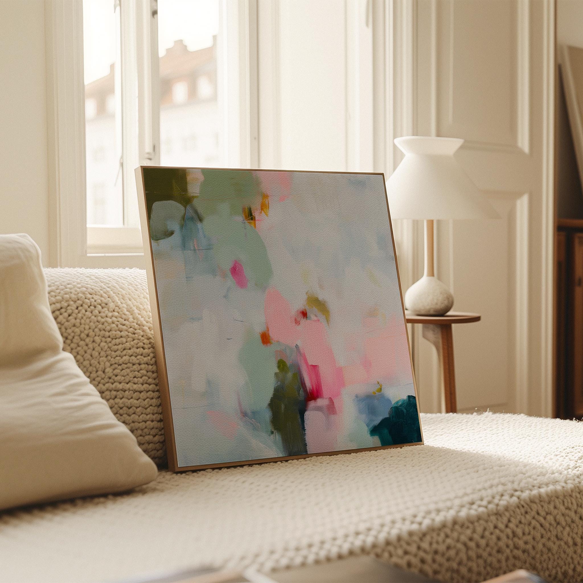 Muse Studio spring abstract framed canvas wall art featuring soft pink, misty blue, sage green, ivory, deep teal, and olive painterly layers. Museum-grade giclée print on premium gallery-wrapped canvas with custom wood float frame options in natural, white, black, antique gold, and antique silver for airy pastel modern interiors.