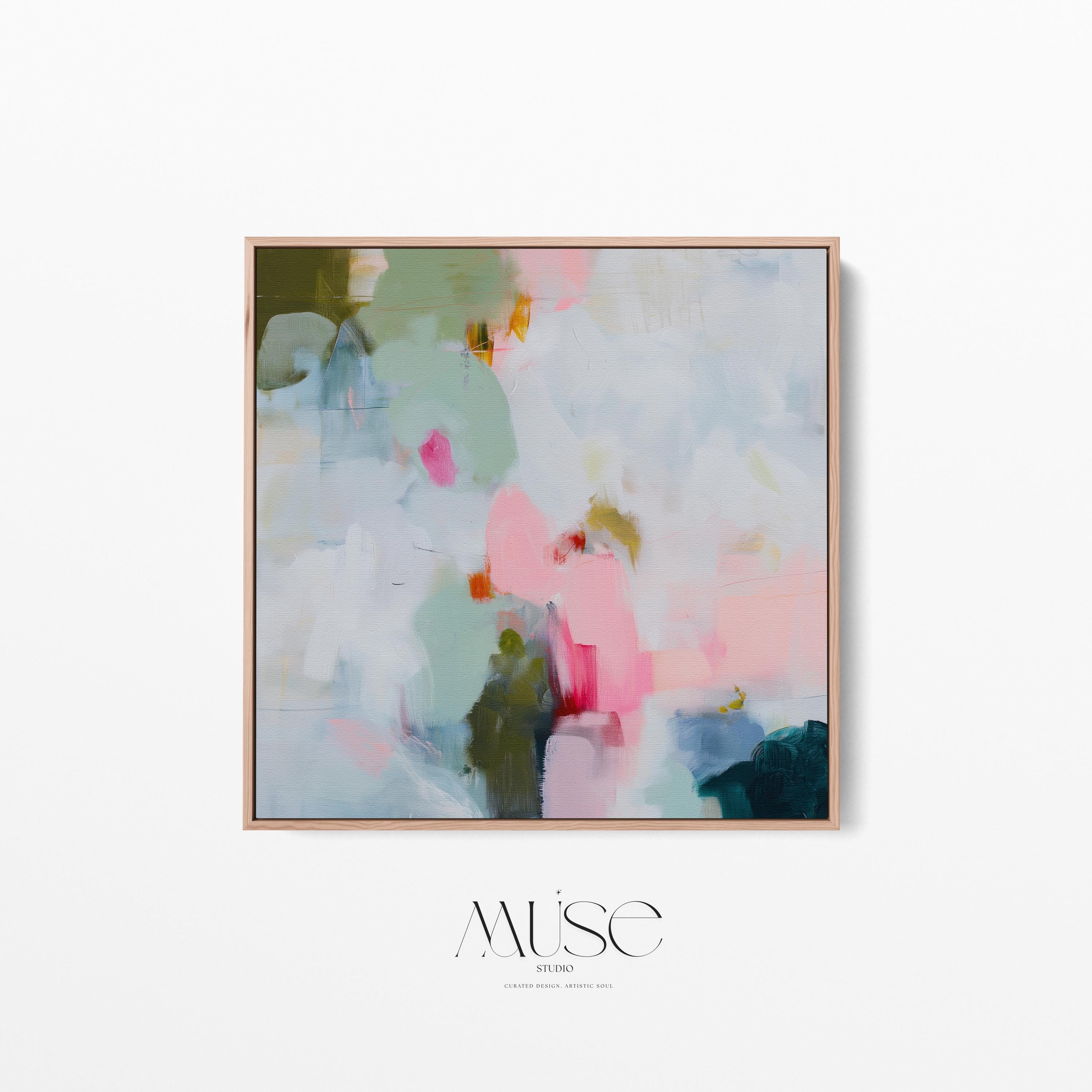 Muse Studio spring abstract framed canvas wall art featuring soft pink, misty blue, sage green, ivory, deep teal, and olive painterly layers. Museum-grade giclée print on premium gallery-wrapped canvas with custom wood float frame options in natural, white, black, antique gold, and antique silver for airy pastel modern interiors.