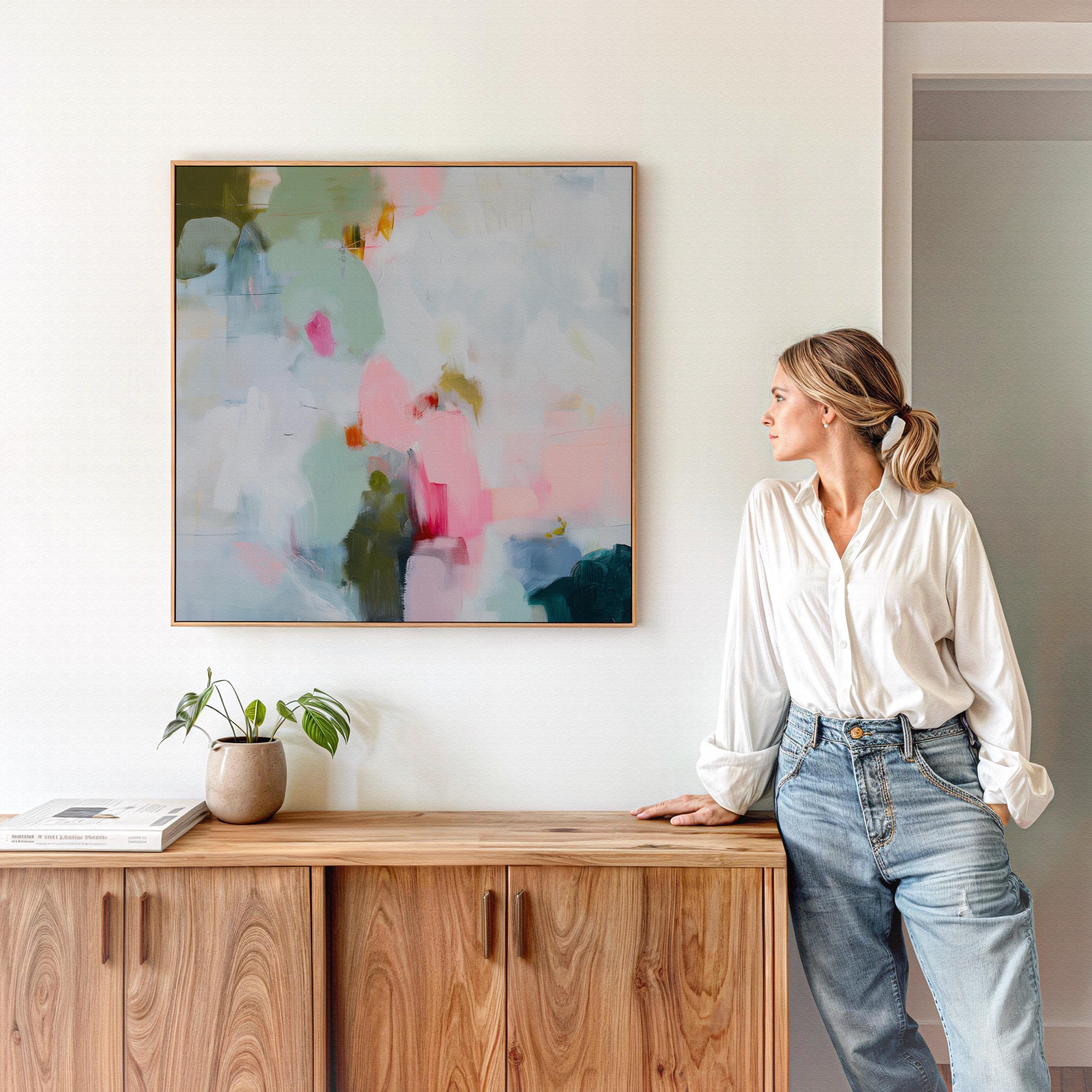 Muse Studio spring abstract framed canvas wall art featuring soft pink, misty blue, sage green, ivory, deep teal, and olive painterly layers. Museum-grade giclée print on premium gallery-wrapped canvas with custom wood float frame options in natural, white, black, antique gold, and antique silver for airy pastel modern interiors.