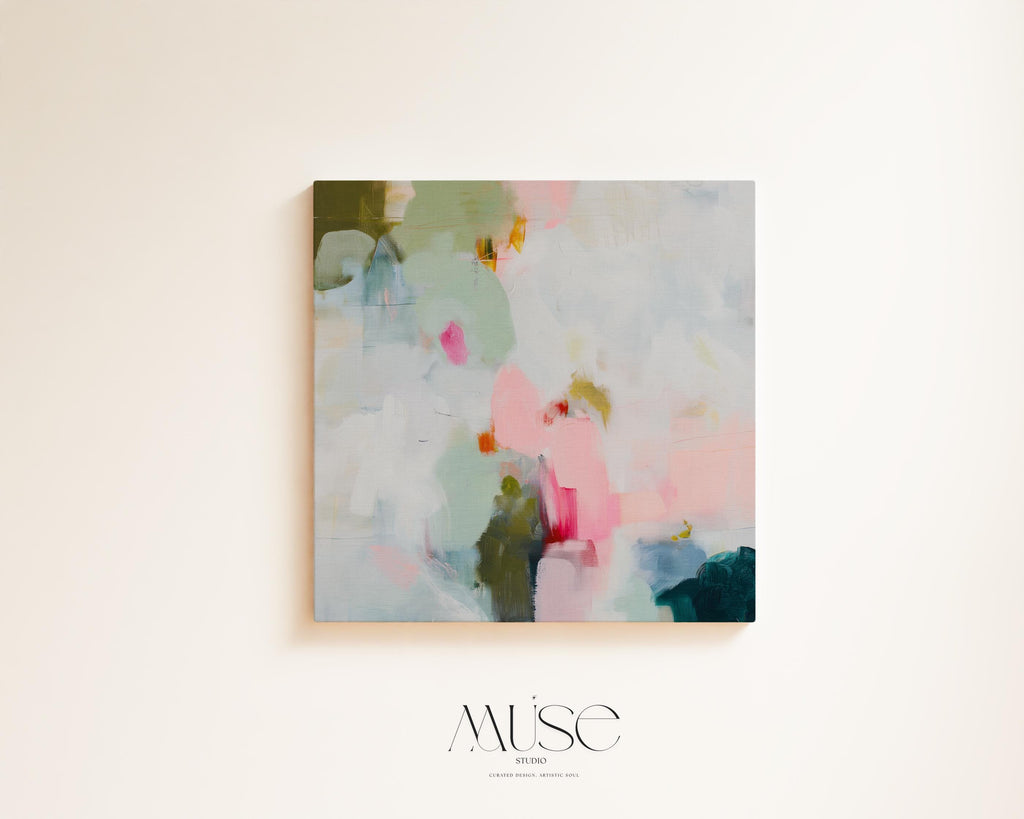 Muse Studio spring abstract canvas wall art print featuring soft pink, misty blue, sage green, ivory, deep teal, and olive painterly brushstrokes. Premium canvas printed with museum-grade giclée inks, available as stretched canvas or rolled canvas for airy pastel, soft modern, coastal, colorful, and spring-inspired living room or bedroom decor.