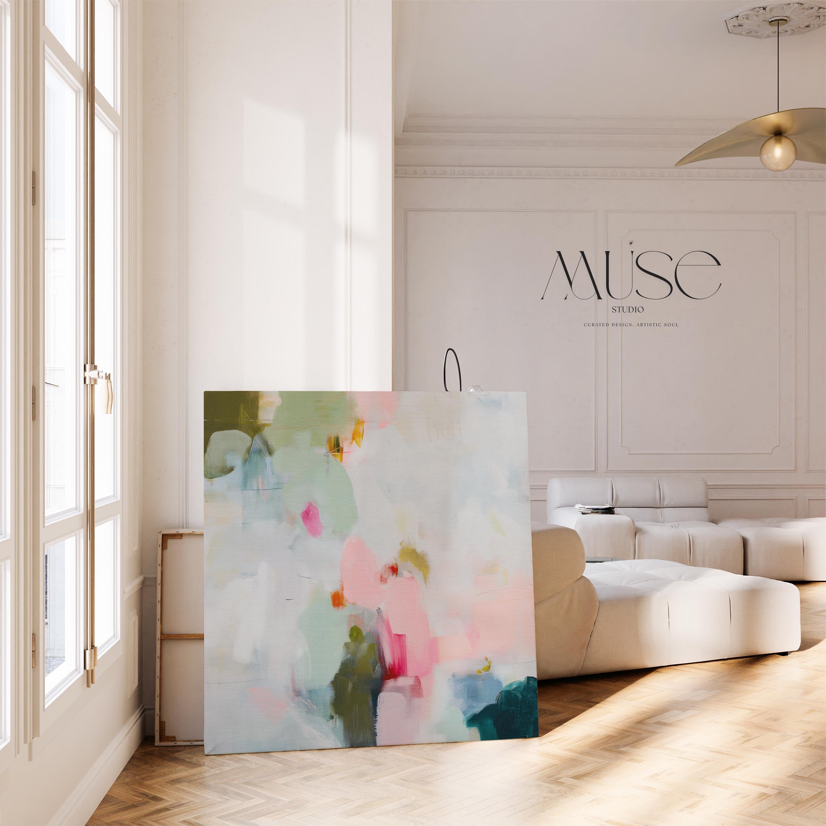 Muse Studio spring abstract canvas wall art print featuring soft pink, misty blue, sage green, ivory, deep teal, and olive painterly brushstrokes. Premium canvas printed with museum-grade giclée inks, available as stretched canvas or rolled canvas for airy pastel, soft modern, coastal, colorful, and spring-inspired living room or bedroom decor.