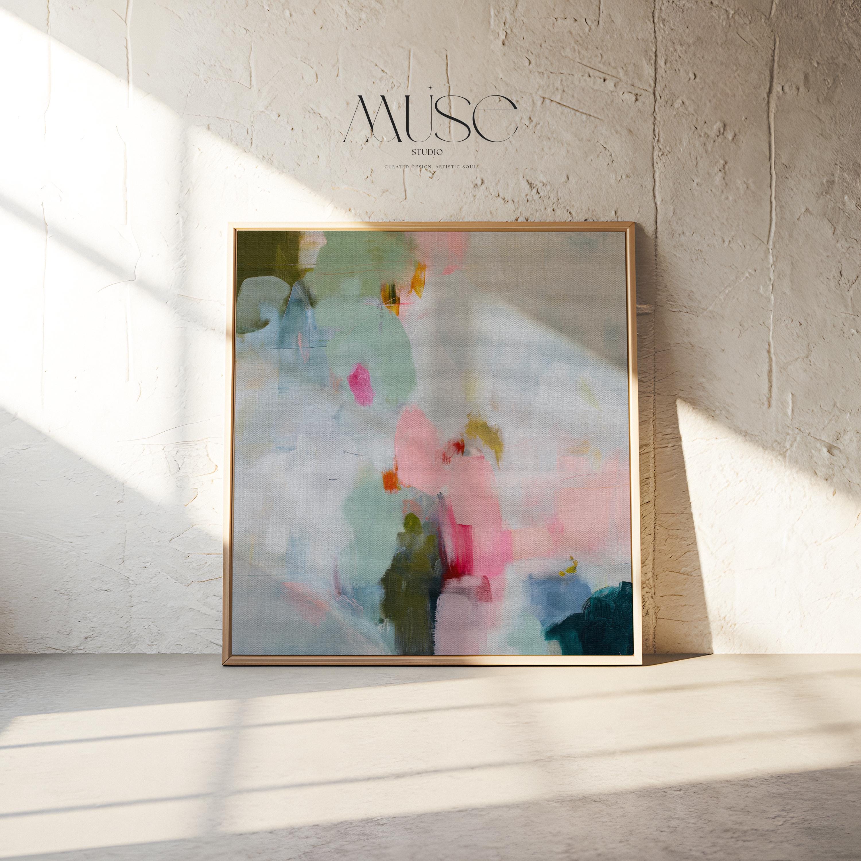 Muse Studio spring abstract framed canvas wall art featuring soft pink, misty blue, sage green, ivory, deep teal, and olive painterly layers. Museum-grade giclée print on premium gallery-wrapped canvas with custom wood float frame options in natural, white, black, antique gold, and antique silver for airy pastel modern interiors.