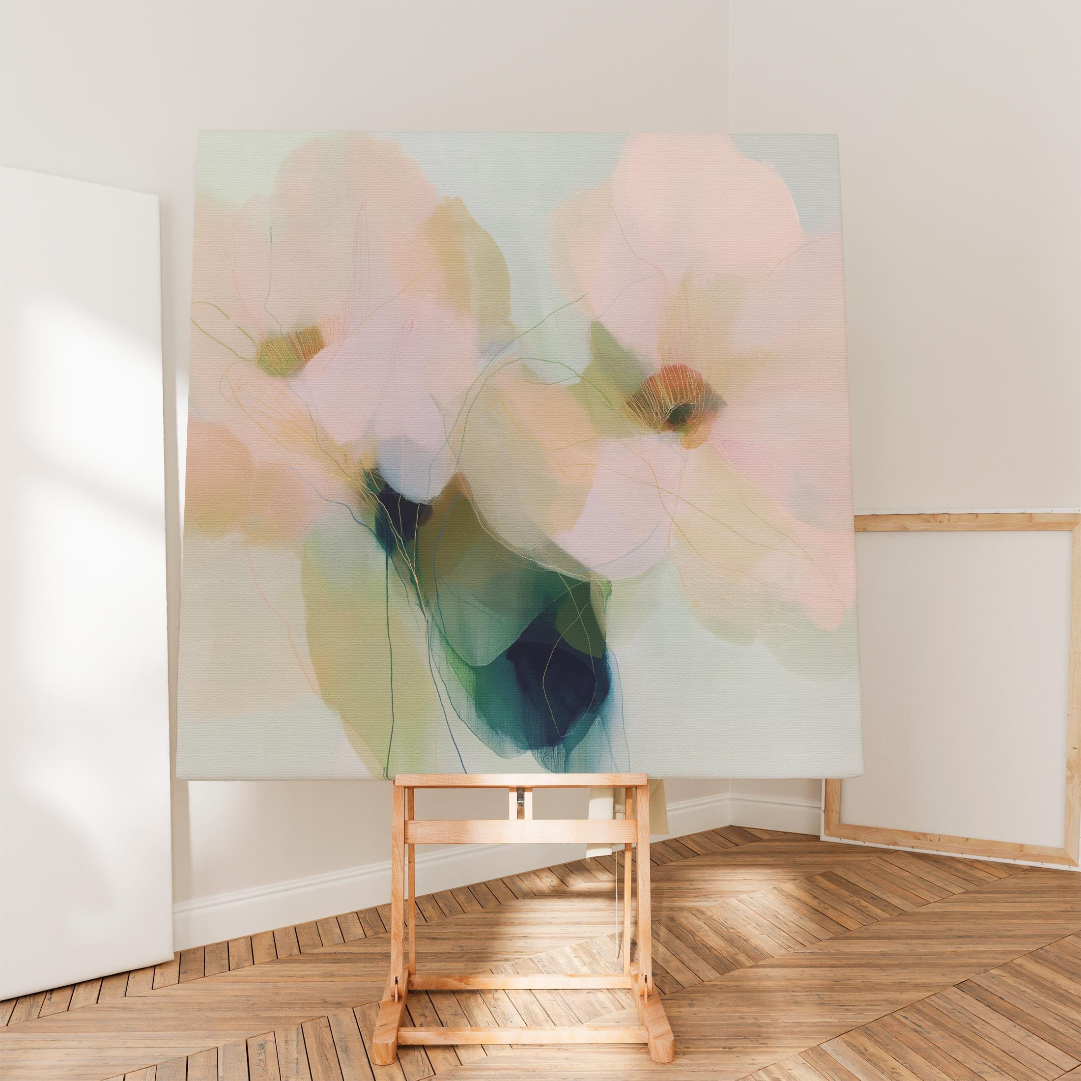 Muse Studio pastel floral canvas wall art featuring blush pink, pale peach, sage green, misty aqua, cream, and deep teal abstract botanical flowers. Square canvas artwork with soft romantic botanical movement, translucent petal forms, fine linework, museum-grade giclée inks, and premium gallery-wrapped cotton canvas, styled for living room, bedroom, office, dining room, cottage, or soft contemporary interiors.