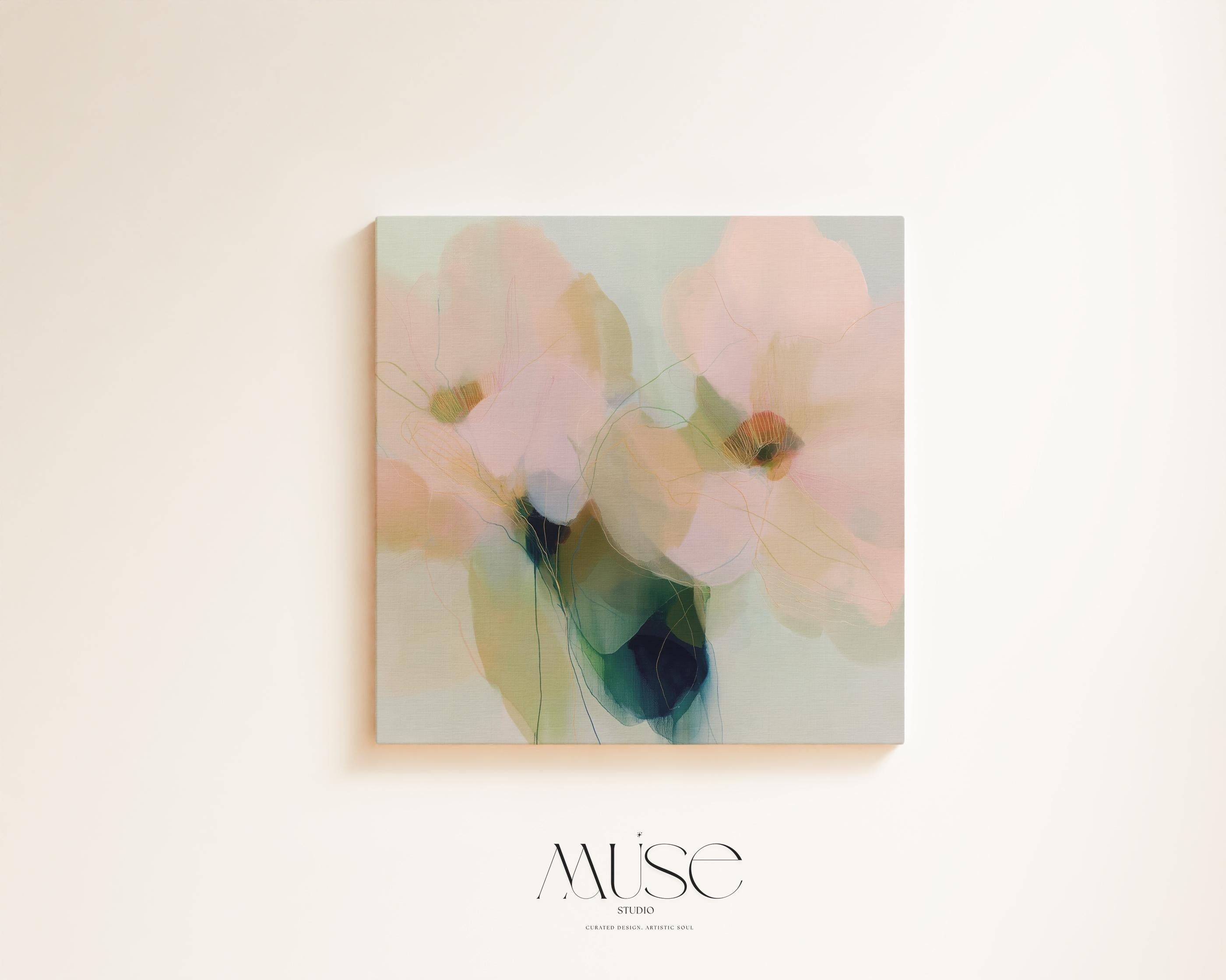 Muse Studio pastel floral canvas wall art featuring blush pink, pale peach, sage green, misty aqua, cream, and deep teal abstract botanical flowers. Square canvas artwork with soft romantic botanical movement, translucent petal forms, fine linework, museum-grade giclée inks, and premium gallery-wrapped cotton canvas, styled for living room, bedroom, office, dining room, cottage, or soft contemporary interiors.