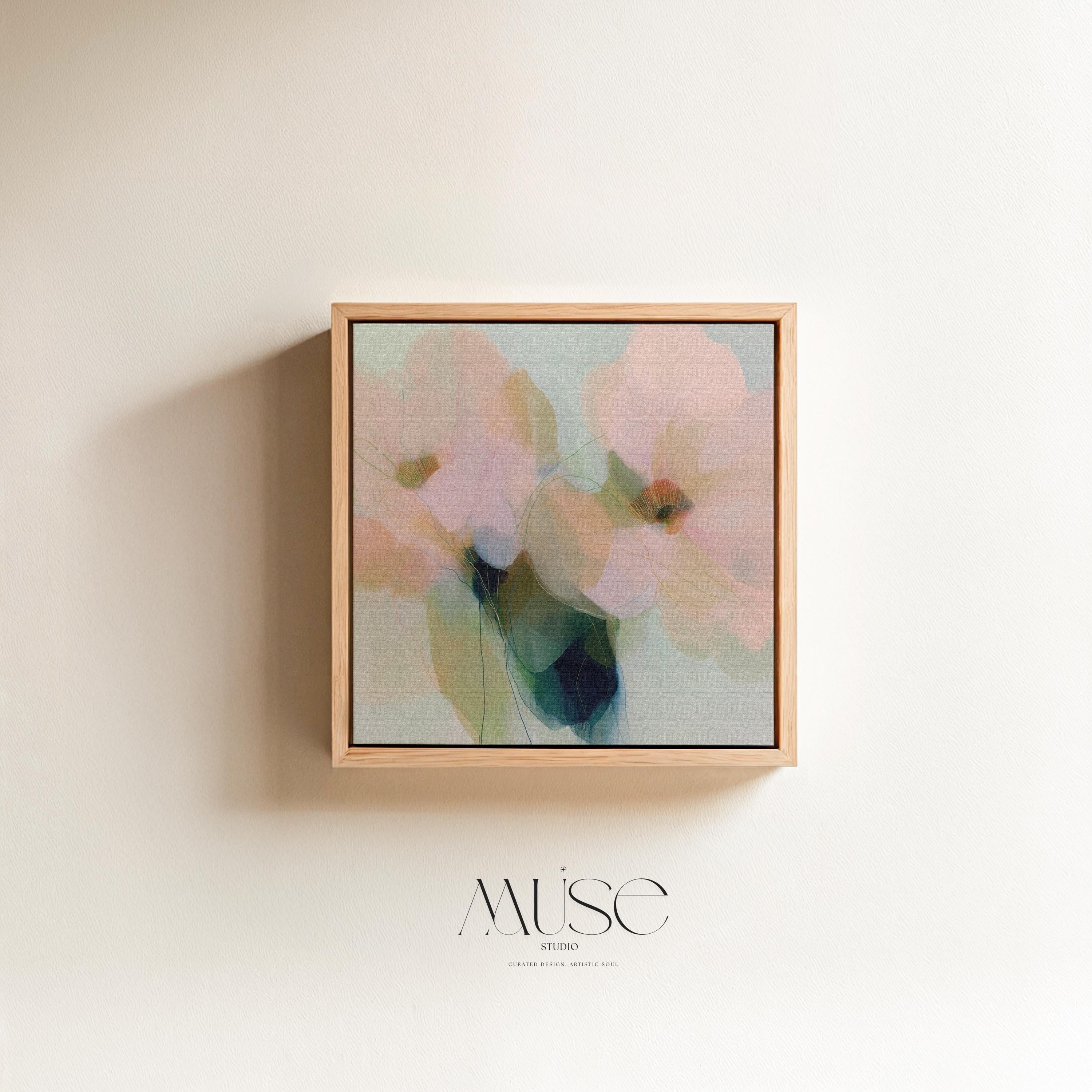 Muse Studio Rosa Vento 1086 neutral botanical wall art shown as a large framed canvas in a soft dining room with cream curtains, warm wood chairs, and vintage rug. This modern floral wall art features blush pink, sage green, aqua, cream, and deep blue-green abstract flowers with delicate linework. Printed with museum-grade giclée inks on premium gallery-wrapped canvas for bedroom, living room, dining room, or office styling.