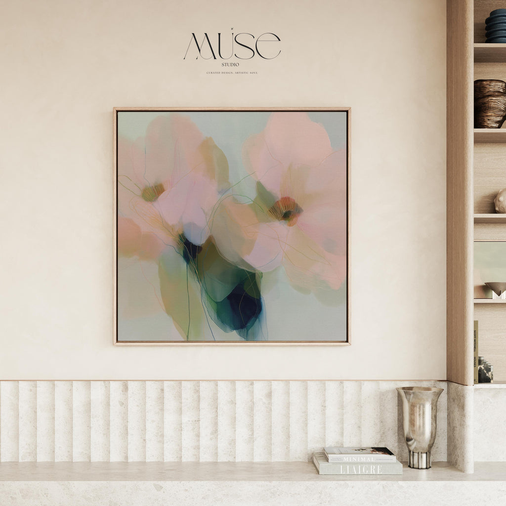 Muse Studio Rosa Vento 1086 neutral botanical wall art shown as a large framed canvas in a soft dining room with cream curtains, warm wood chairs, and vintage rug. This modern floral wall art features blush pink, sage green, aqua, cream, and deep blue-green abstract flowers with delicate linework. Printed with museum-grade giclée inks on premium gallery-wrapped canvas for bedroom, living room, dining room, or office styling.