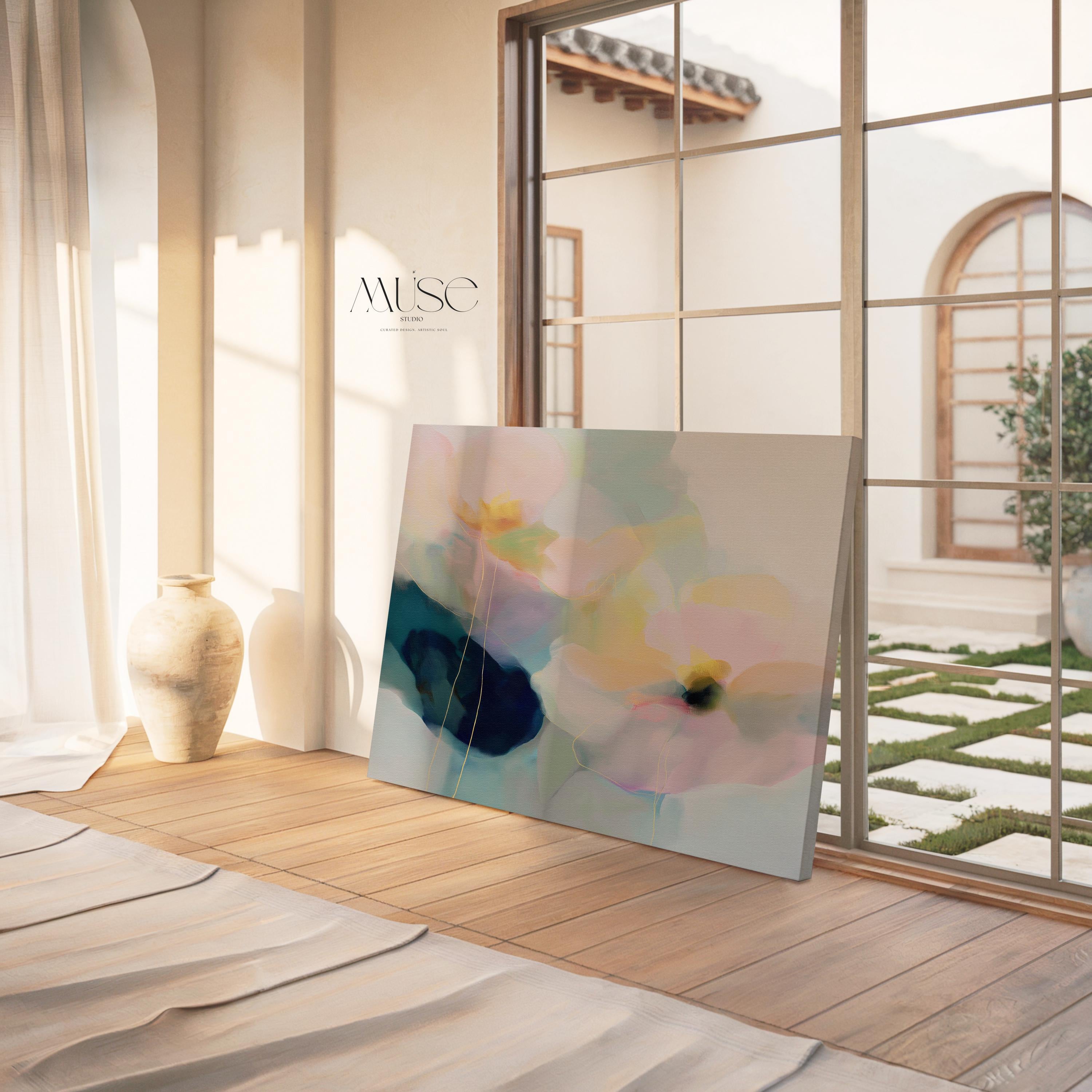 Muse Studio pastel floral canvas wall art featuring pale aqua, blush pink, soft peach, butter yellow, sage green, deep teal, and navy abstract botanical flowers. Large horizontal canvas artwork with soft contemporary pastel movement, romantic floral layering, delicate linework, museum-grade giclée inks, and premium gallery-wrapped cotton canvas for living room, bedroom, office, dining room, modern cottage, rustic farmhouse, and coastal interiors.
