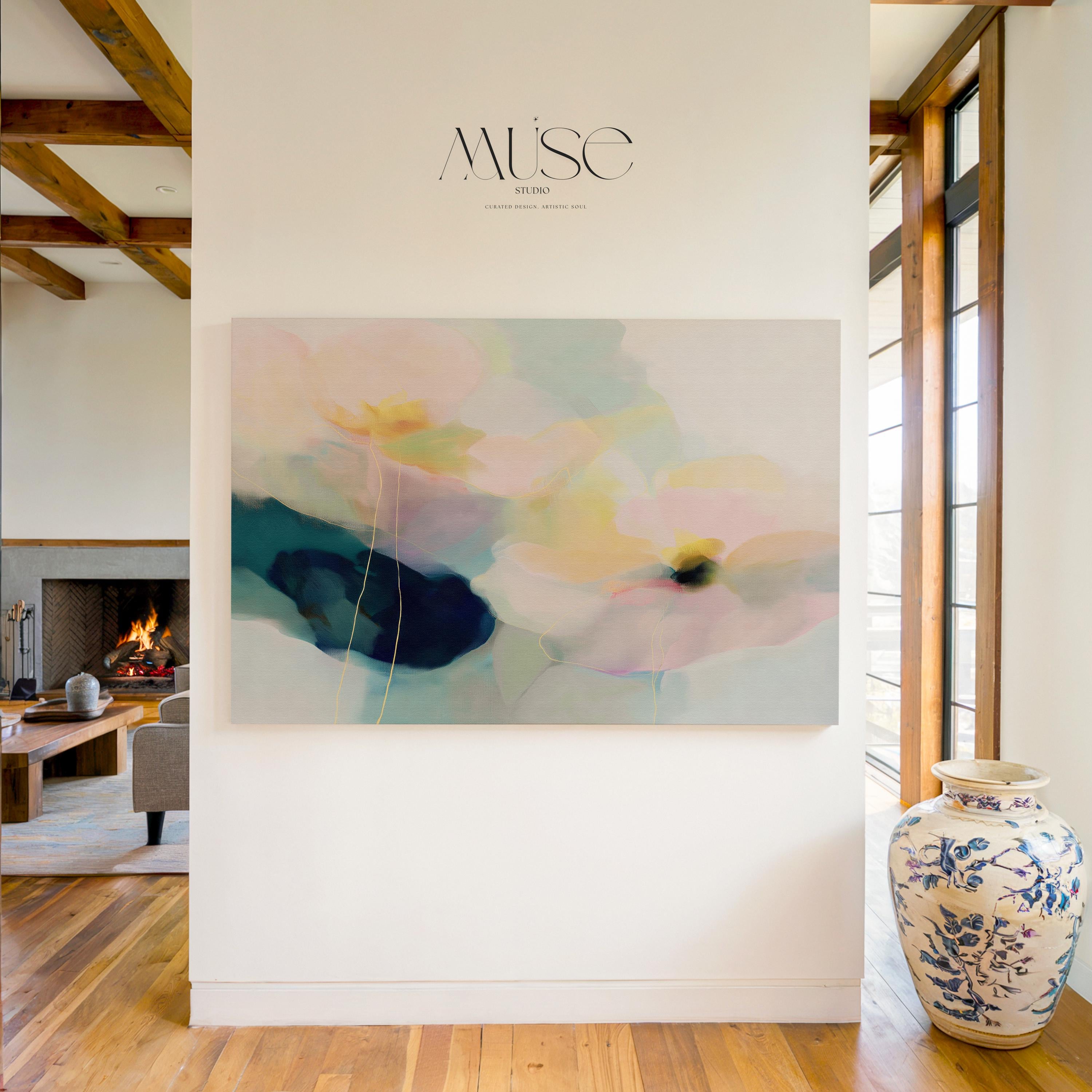 Muse Studio pastel floral canvas wall art featuring pale aqua, blush pink, soft peach, butter yellow, sage green, deep teal, and navy abstract botanical flowers. Large horizontal canvas artwork with soft contemporary pastel movement, romantic floral layering, delicate linework, museum-grade giclée inks, and premium gallery-wrapped cotton canvas for living room, bedroom, office, dining room, modern cottage, rustic farmhouse, and coastal interiors.