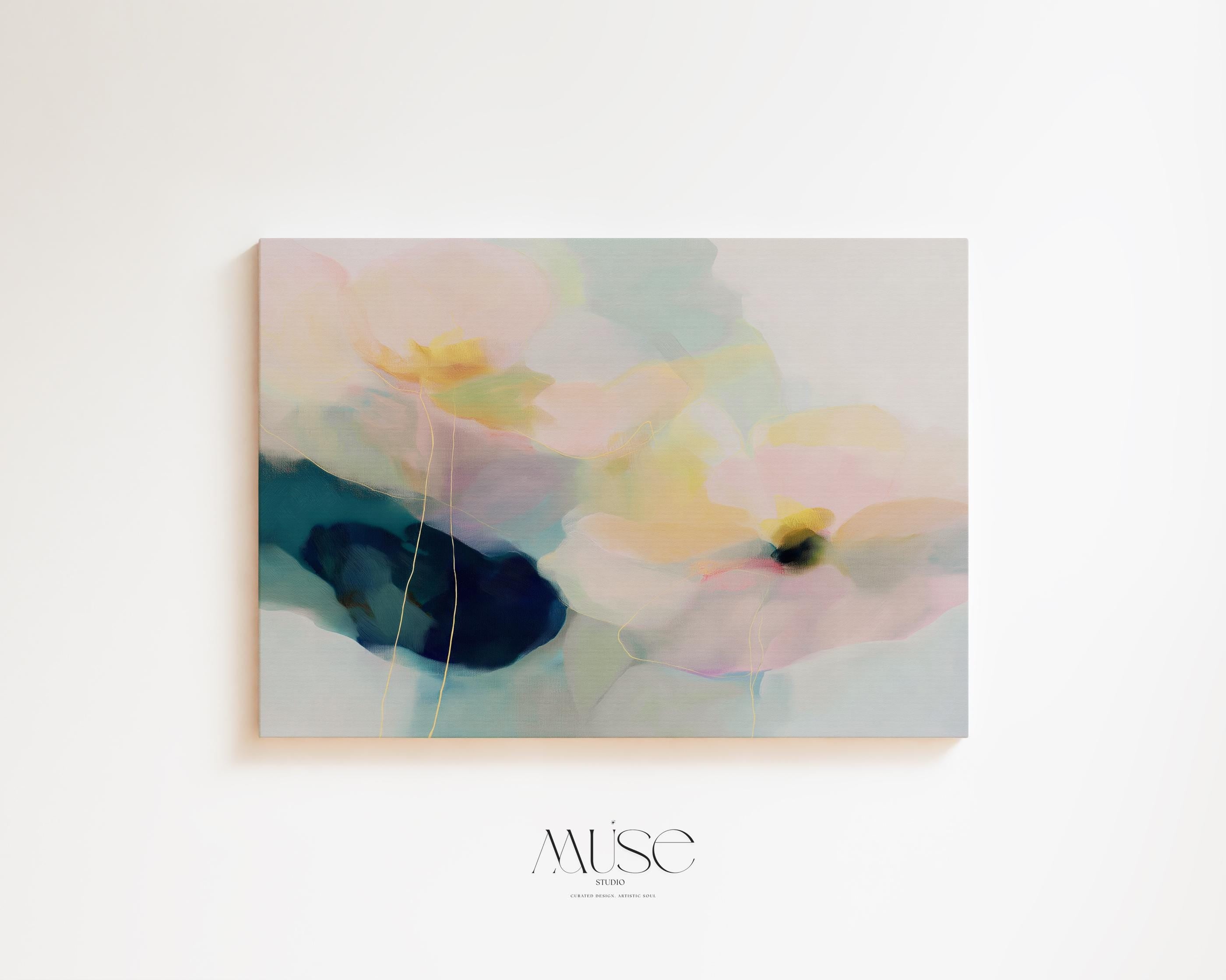 Muse Studio pastel floral canvas wall art featuring pale aqua, blush pink, soft peach, butter yellow, sage green, deep teal, and navy abstract botanical flowers. Large horizontal canvas artwork with soft contemporary pastel movement, romantic floral layering, delicate linework, museum-grade giclée inks, and premium gallery-wrapped cotton canvas for living room, bedroom, office, dining room, modern cottage, rustic farmhouse, and coastal interiors.