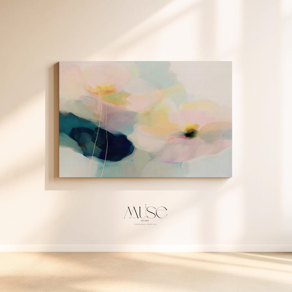 Muse Studio pastel floral canvas wall art featuring pale aqua, blush pink, soft peach, butter yellow, sage green, deep teal, and navy abstract botanical flowers. Large horizontal canvas artwork with soft contemporary pastel movement, romantic floral layering, delicate linework, museum-grade giclée inks, and premium gallery-wrapped cotton canvas for living room, bedroom, office, dining room, modern cottage, rustic farmhouse, and coastal interiors.