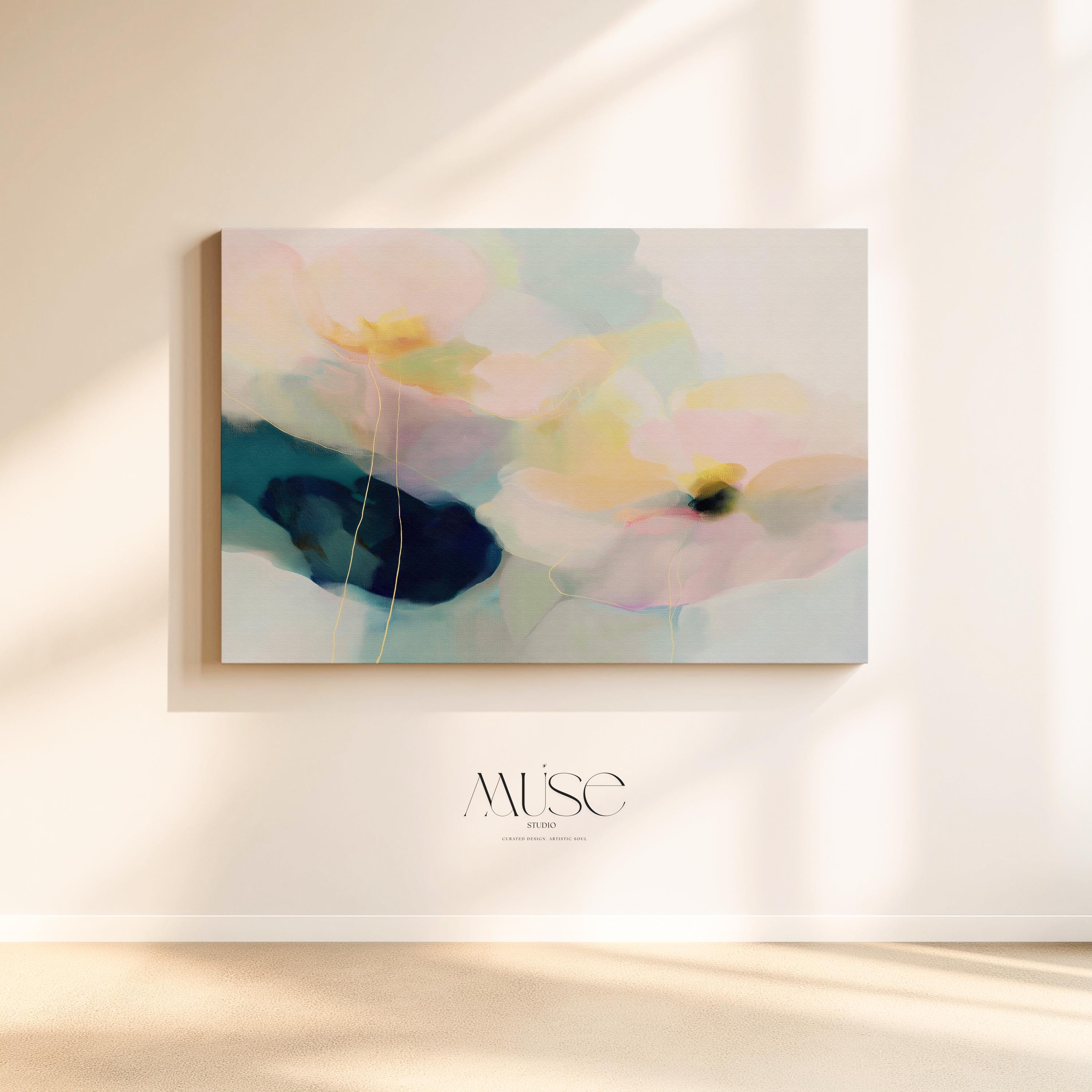 Muse Studio pastel floral canvas wall art featuring pale aqua, blush pink, soft peach, butter yellow, sage green, deep teal, and navy abstract botanical flowers. Large horizontal canvas artwork with soft contemporary pastel movement, romantic floral layering, delicate linework, museum-grade giclée inks, and premium gallery-wrapped cotton canvas for living room, bedroom, office, dining room, modern cottage, rustic farmhouse, and coastal interiors.