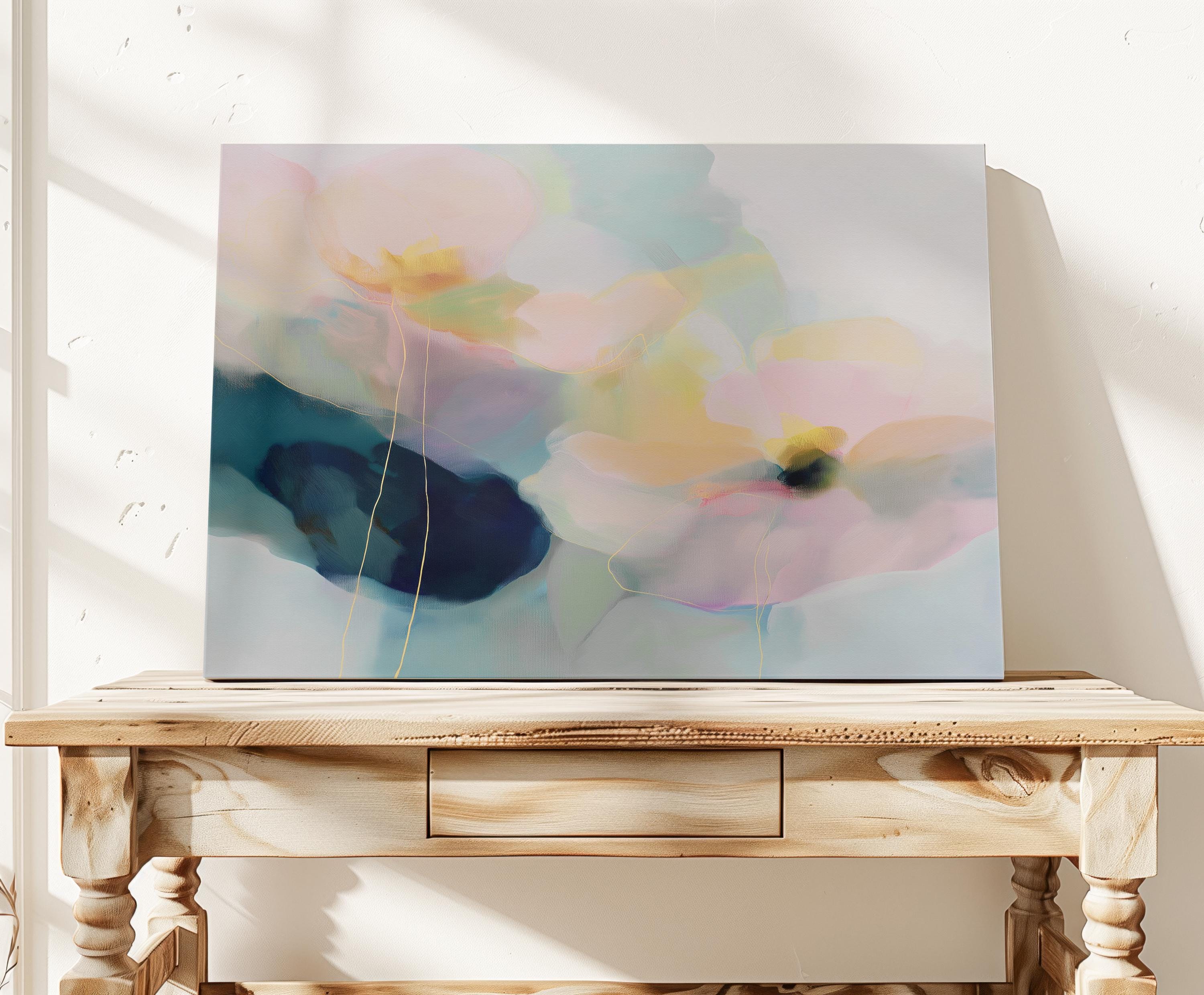 Muse Studio pastel floral canvas wall art featuring pale aqua, blush pink, soft peach, butter yellow, sage green, deep teal, and navy abstract botanical flowers. Large horizontal canvas artwork with soft contemporary pastel movement, romantic floral layering, delicate linework, museum-grade giclée inks, and premium gallery-wrapped cotton canvas for living room, bedroom, office, dining room, modern cottage, rustic farmhouse, and coastal interiors.