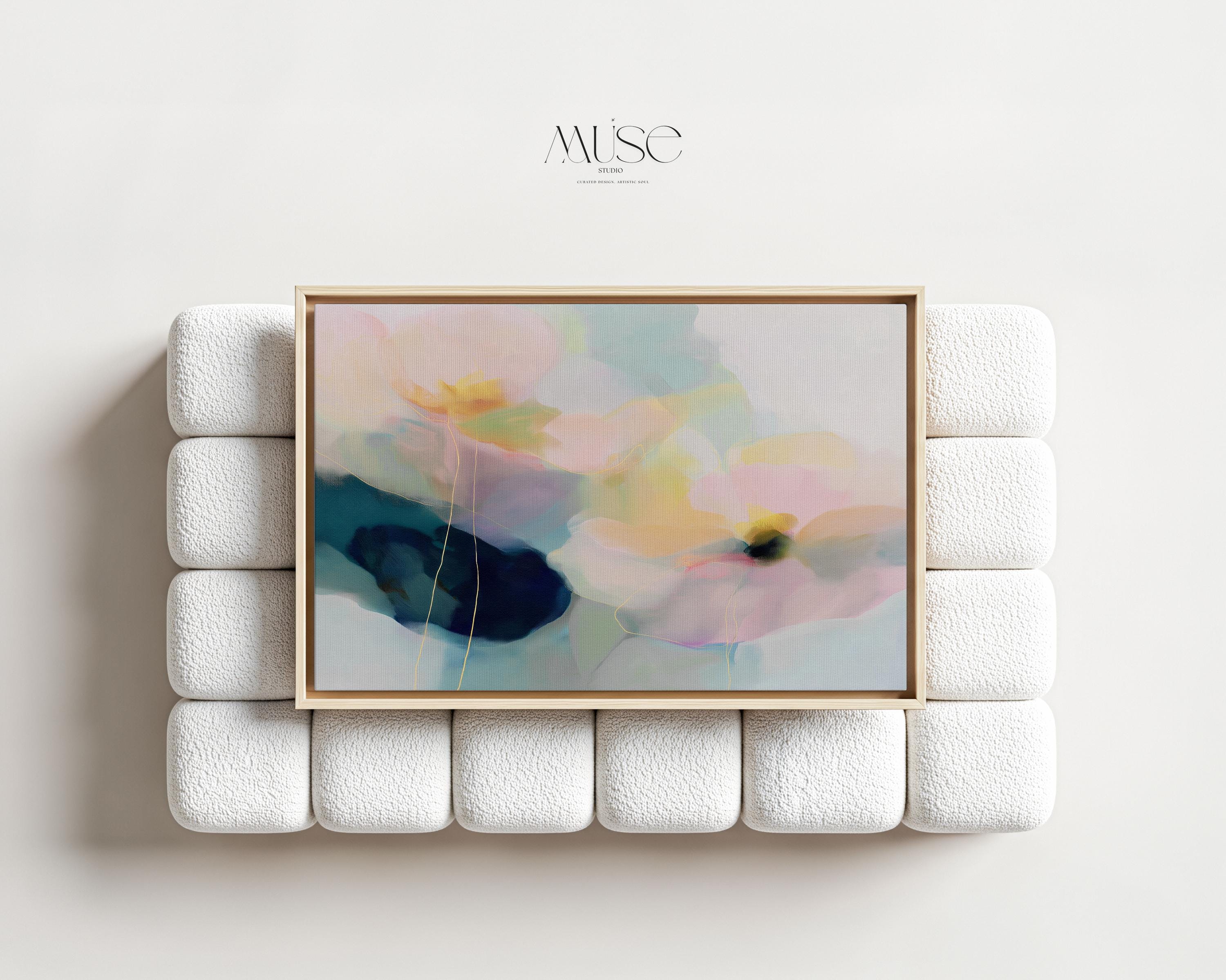 Muse Studio modern farmhouse framed wall art featuring pale aqua, blush pink, soft peach, butter yellow, sage green, deep teal, and navy abstract floral forms. Large horizontal framed canvas with soft contemporary pastel styling, romantic botanical movement, museum-grade giclée inks, premium cotton canvas, and custom wood float frame options for living room, bedroom, office, dining room, modern cottage, rustic farmhouse, and coastal interiors.