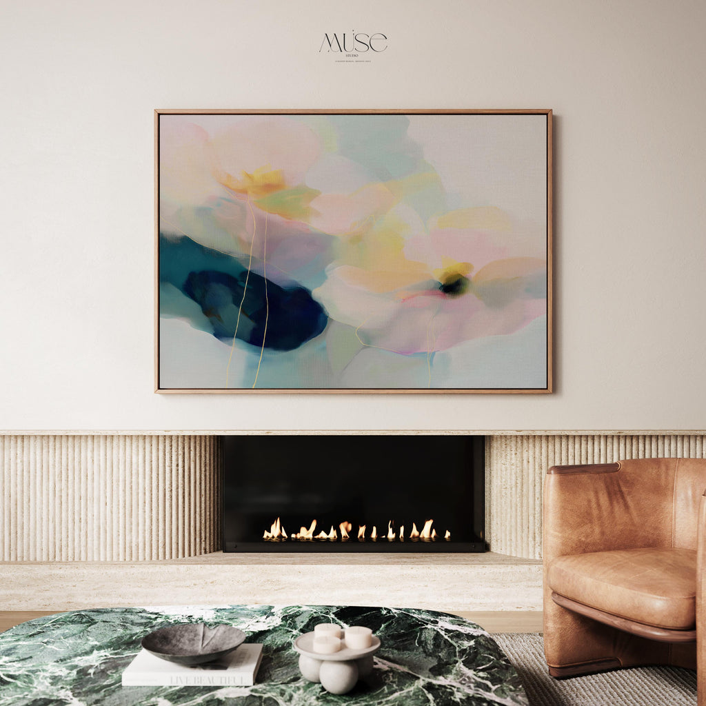 Muse Studio modern farmhouse framed wall art featuring pale aqua, blush pink, soft peach, butter yellow, sage green, deep teal, and navy abstract floral forms. Large horizontal framed canvas with soft contemporary pastel styling, romantic botanical movement, museum-grade giclée inks, premium cotton canvas, and custom wood float frame options for living room, bedroom, office, dining room, modern cottage, rustic farmhouse, and coastal interiors.