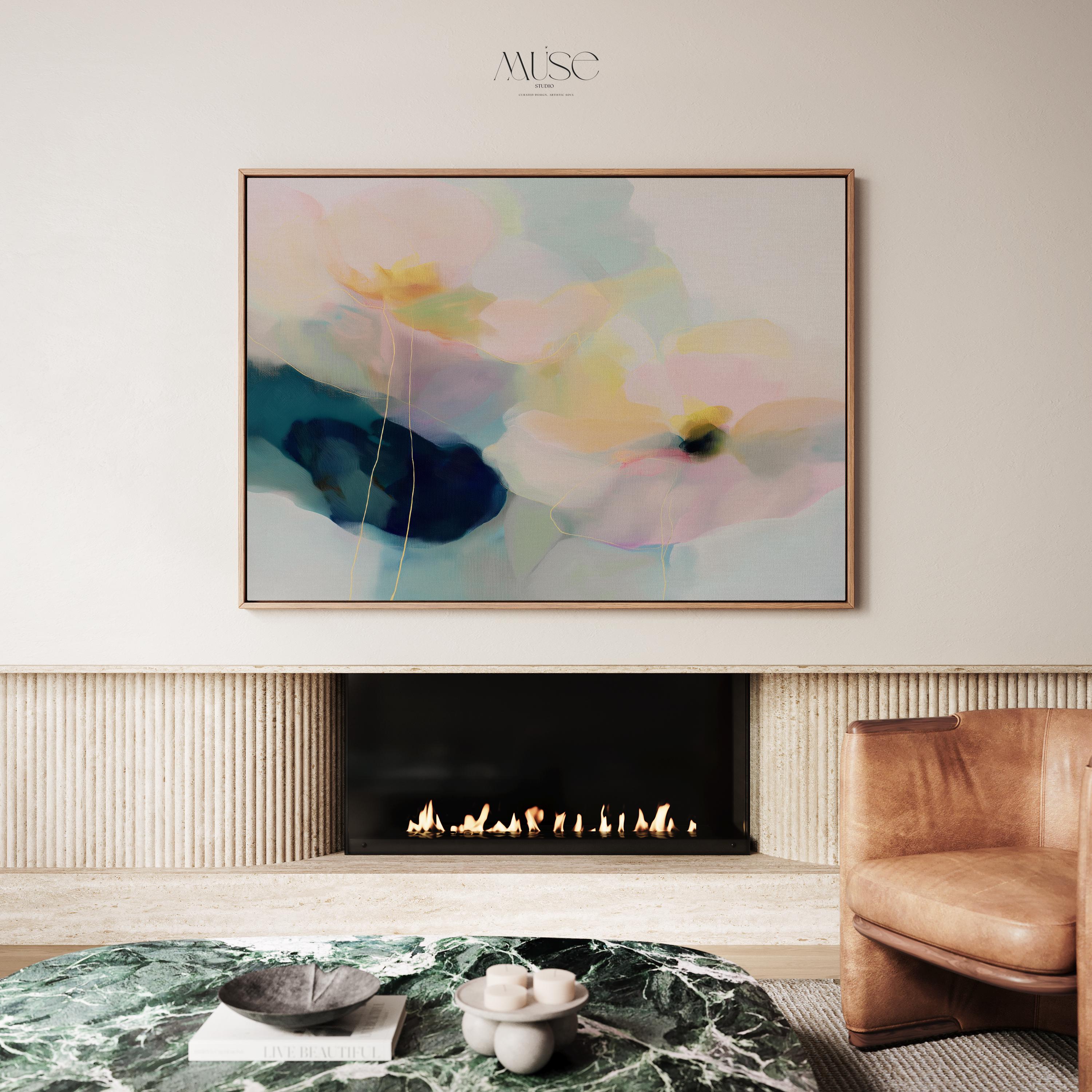 Muse Studio modern farmhouse framed wall art featuring pale aqua, blush pink, soft peach, butter yellow, sage green, deep teal, and navy abstract floral forms. Large horizontal framed canvas with soft contemporary pastel styling, romantic botanical movement, museum-grade giclée inks, premium cotton canvas, and custom wood float frame options for living room, bedroom, office, dining room, modern cottage, rustic farmhouse, and coastal interiors.