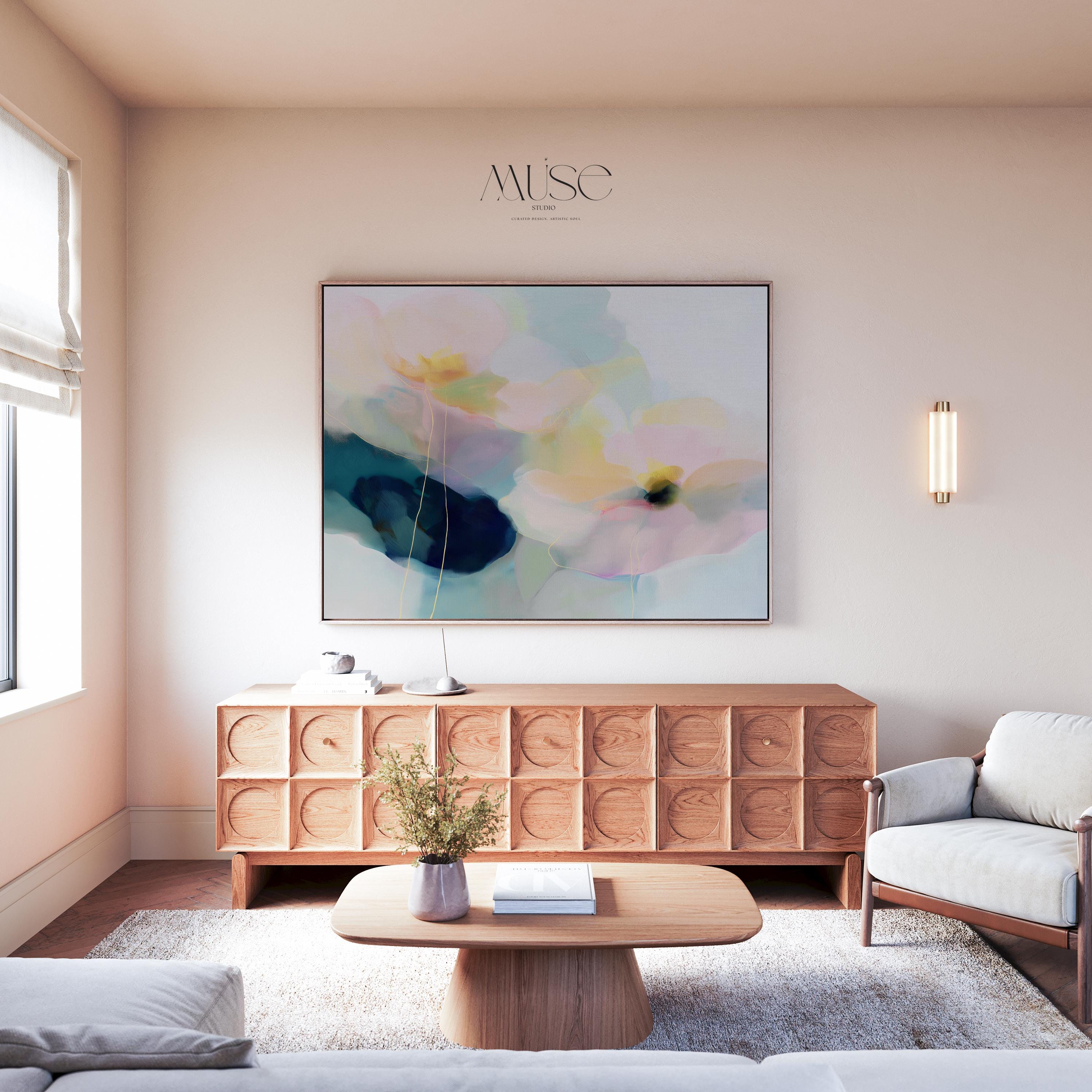Muse Studio modern farmhouse framed wall art featuring pale aqua, blush pink, soft peach, butter yellow, sage green, deep teal, and navy abstract floral forms. Large horizontal framed canvas with soft contemporary pastel styling, romantic botanical movement, museum-grade giclée inks, premium cotton canvas, and custom wood float frame options for living room, bedroom, office, dining room, modern cottage, rustic farmhouse, and coastal interiors.