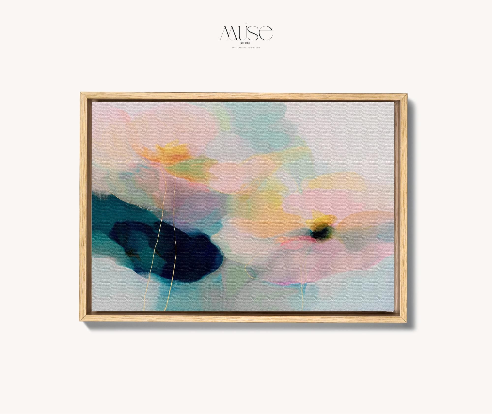 Muse Studio modern farmhouse framed wall art featuring pale aqua, blush pink, soft peach, butter yellow, sage green, deep teal, and navy abstract floral forms. Large horizontal framed canvas with soft contemporary pastel styling, romantic botanical movement, museum-grade giclée inks, premium cotton canvas, and custom wood float frame options for living room, bedroom, office, dining room, modern cottage, rustic farmhouse, and coastal interiors.