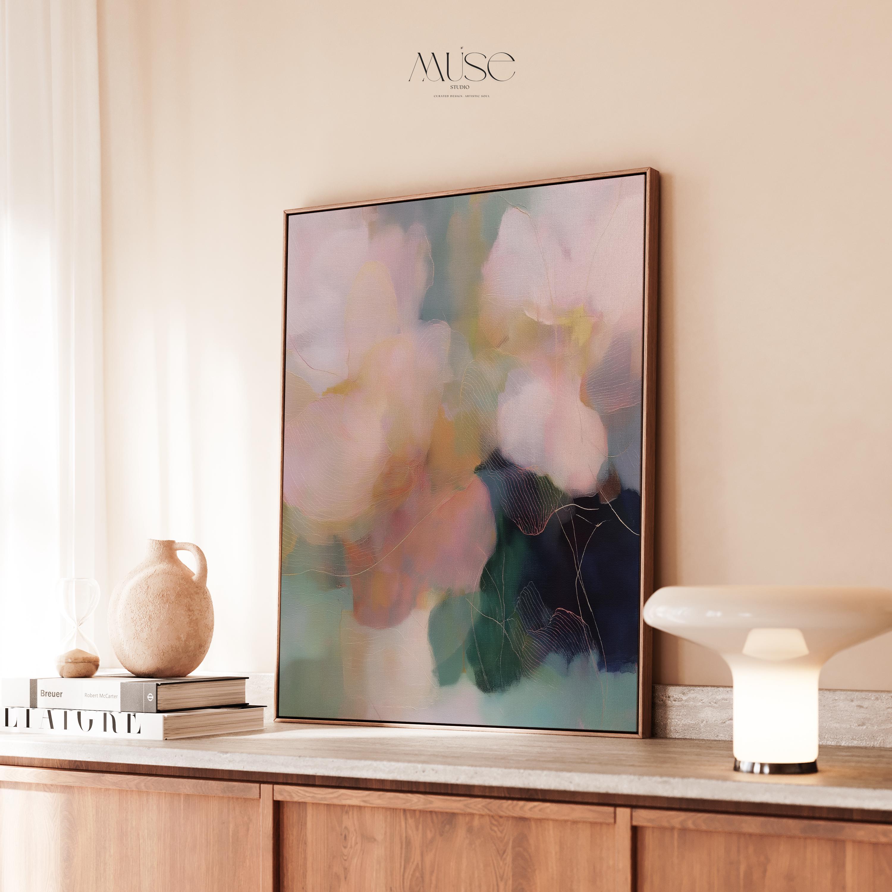 Muse Studio framed floral wall art featuring pastel pink, sage green, aqua, cream, and deep navy abstract botanical composition. Vertical framed canvas artwork with romantic botanical movement, museum-grade giclée inks, premium cotton canvas, and custom wood float frame options in natural, white, black, antique gold, and antique silver for bedroom, office, dining room, or living room interiors.