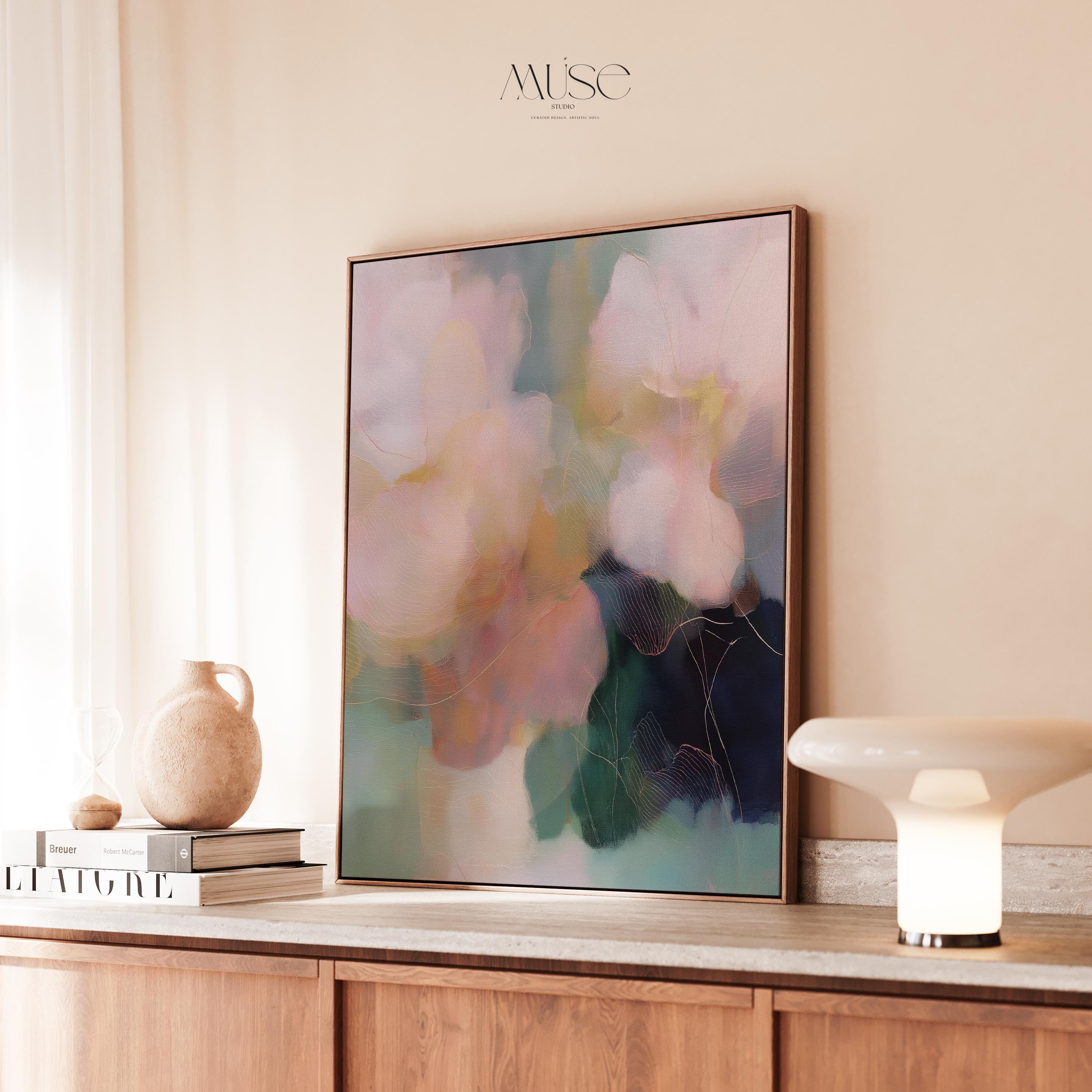 Muse Studio framed floral wall art featuring pastel pink, sage green, aqua, cream, and deep navy abstract botanical composition. Vertical framed canvas artwork with romantic botanical movement, museum-grade giclée inks, premium cotton canvas, and custom wood float frame options in natural, white, black, antique gold, and antique silver for bedroom, office, dining room, or living room interiors.