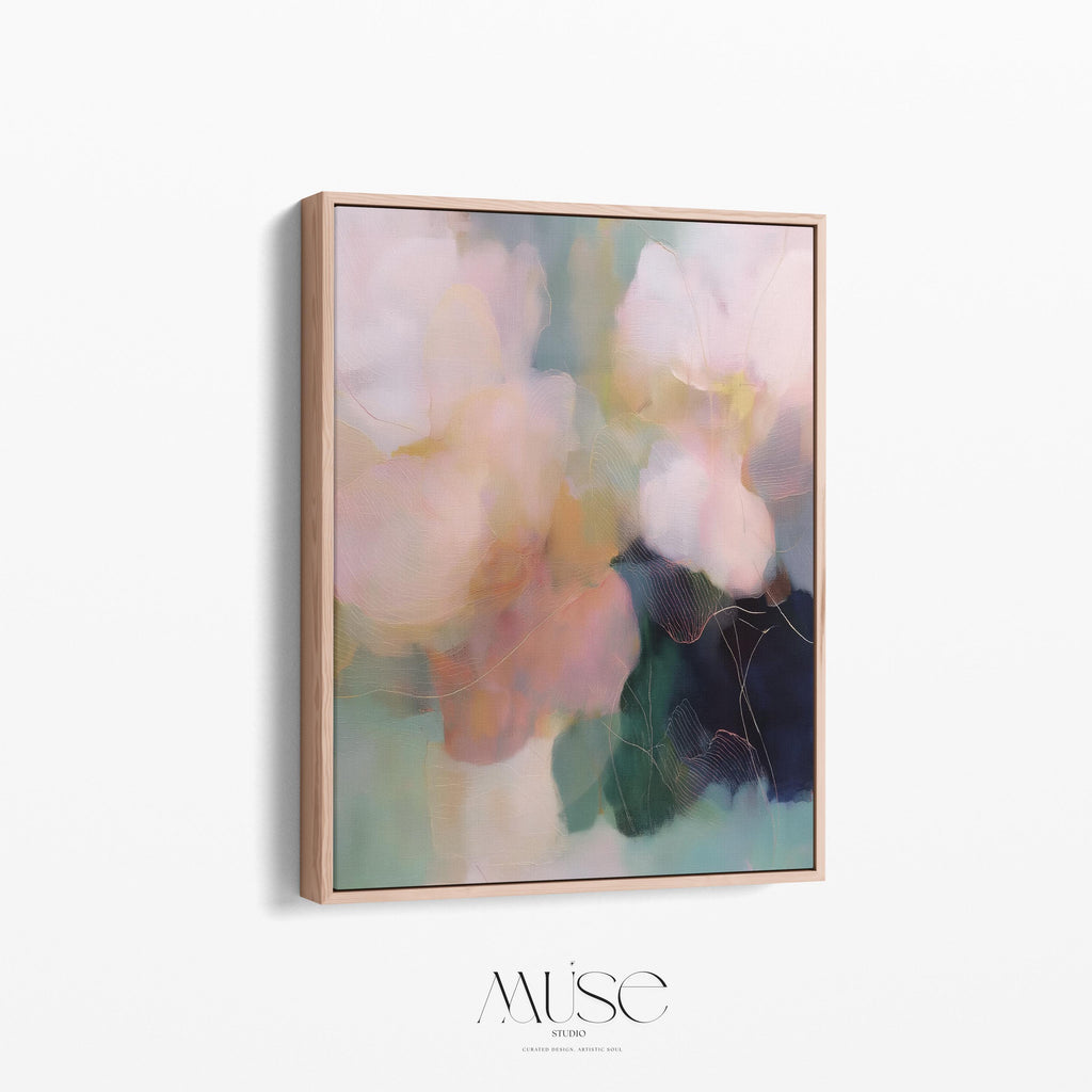 Muse Studio framed floral wall art featuring pastel pink, sage green, aqua, cream, and deep navy abstract botanical composition. Vertical framed canvas artwork with romantic botanical movement, museum-grade giclée inks, premium cotton canvas, and custom wood float frame options in natural, white, black, antique gold, and antique silver for bedroom, office, dining room, or living room interiors.