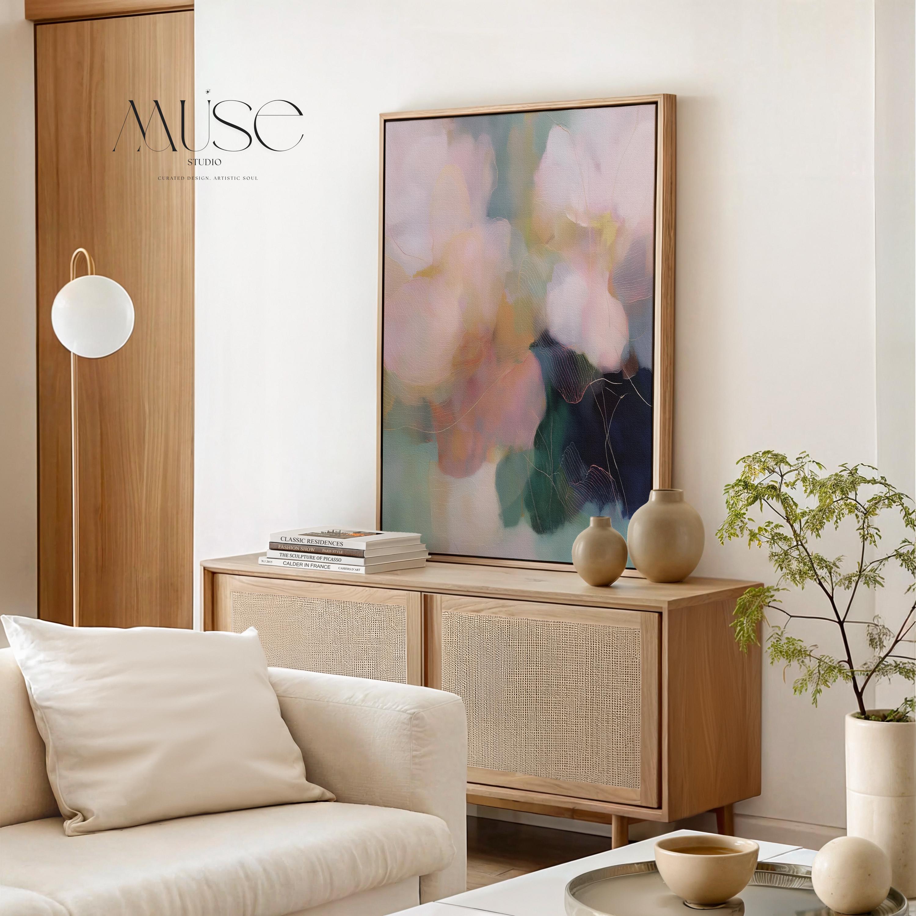 Muse Studio framed floral wall art featuring pastel pink, sage green, aqua, cream, and deep navy abstract botanical composition. Vertical framed canvas artwork with romantic botanical movement, museum-grade giclée inks, premium cotton canvas, and custom wood float frame options in natural, white, black, antique gold, and antique silver for bedroom, office, dining room, or living room interiors.