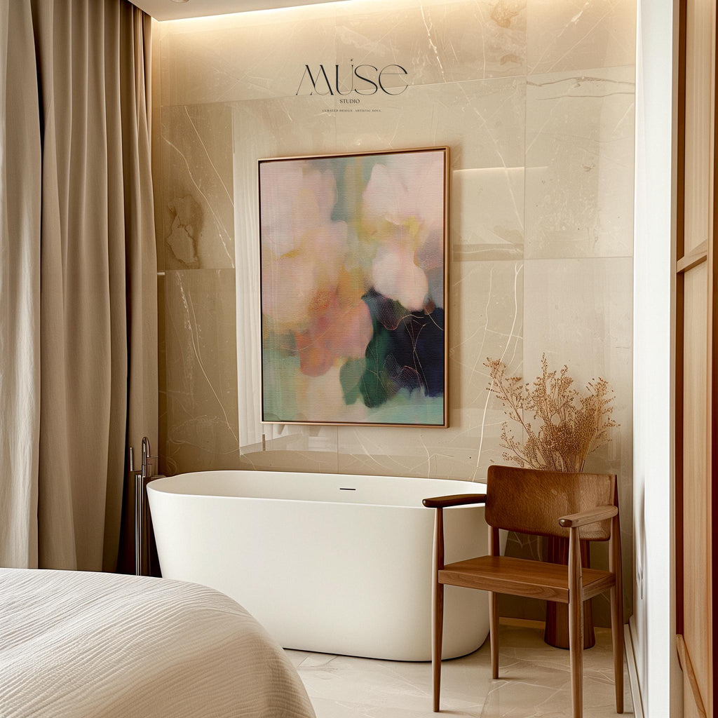 Muse Studio framed floral wall art featuring pastel pink, sage green, aqua, cream, and deep navy abstract botanical composition. Vertical framed canvas artwork with romantic botanical movement, museum-grade giclée inks, premium cotton canvas, and custom wood float frame options in natural, white, black, antique gold, and antique silver for bedroom, office, dining room, or living room interiors.